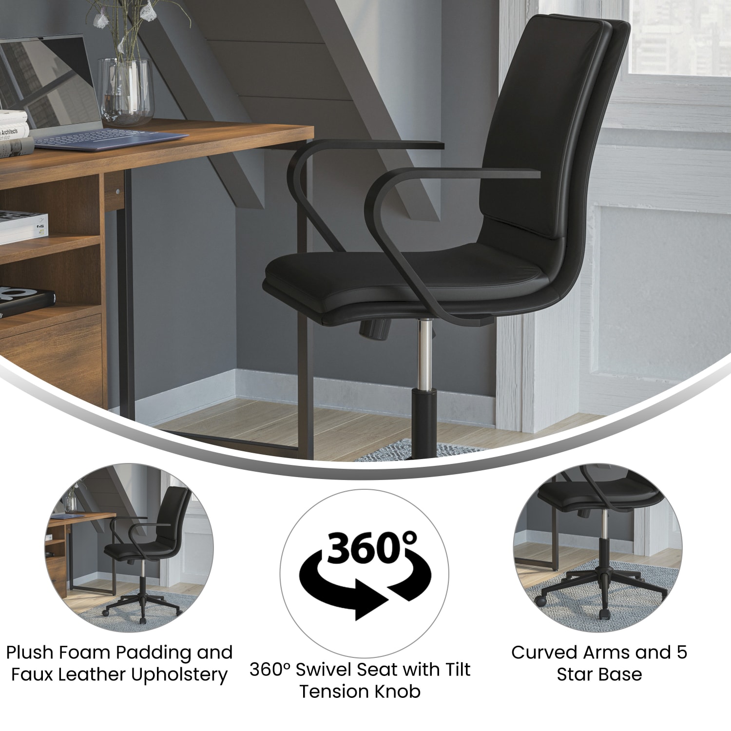 Flash Furniture James Faux Leather Mid-Back Designer Executive Upholstered Office Chair, Black - Image 5