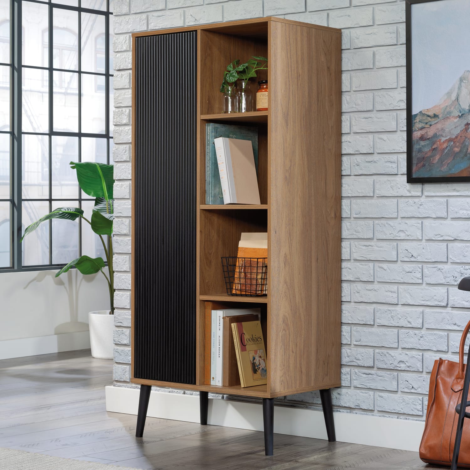 Sauder Ambleside Modern 26inW Storage Cabinet With Door And Open Storage, Serene Walnut/Black - Image 4
