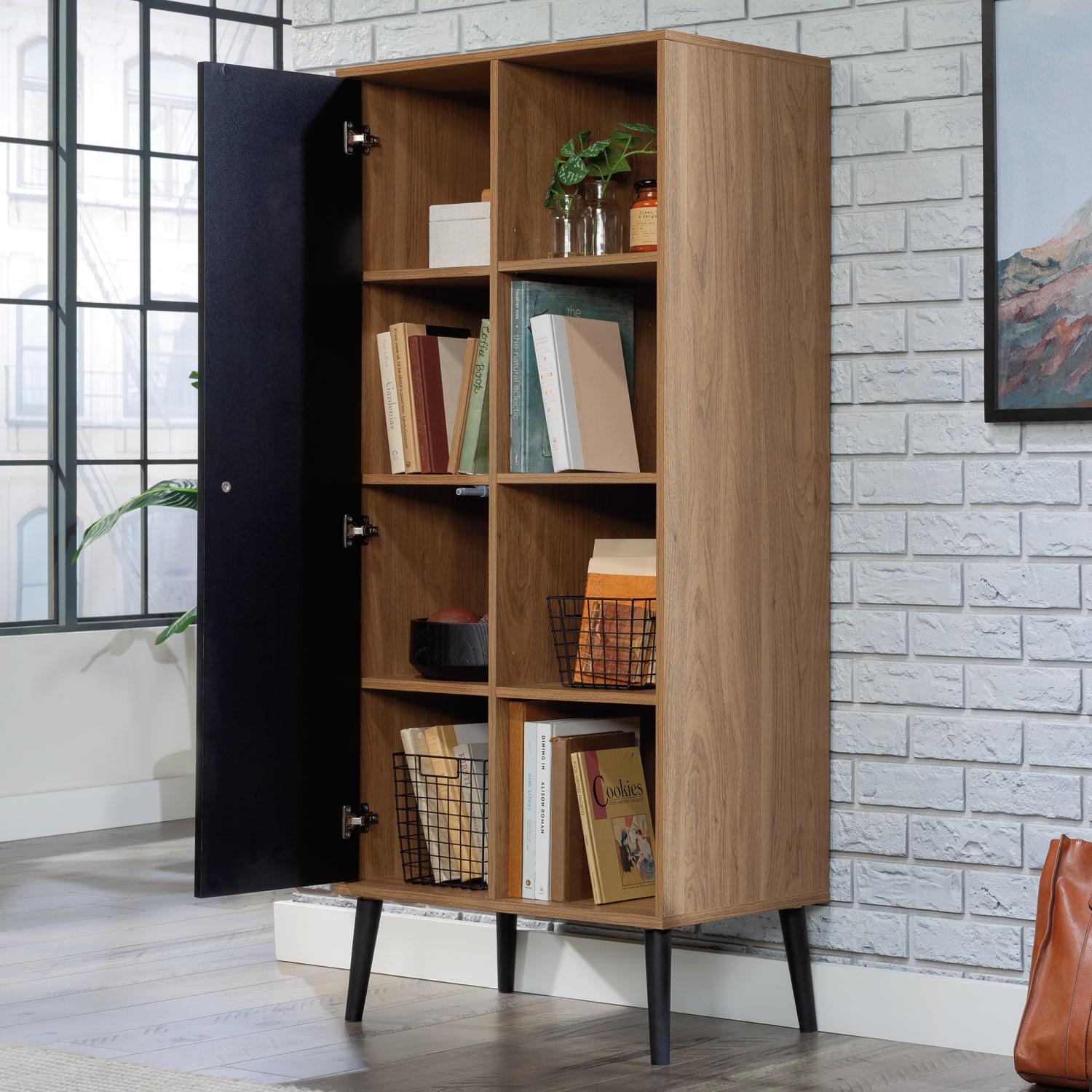 Sauder Ambleside Modern 26inW Storage Cabinet With Door And Open Storage, Serene Walnut/Black - Image 5