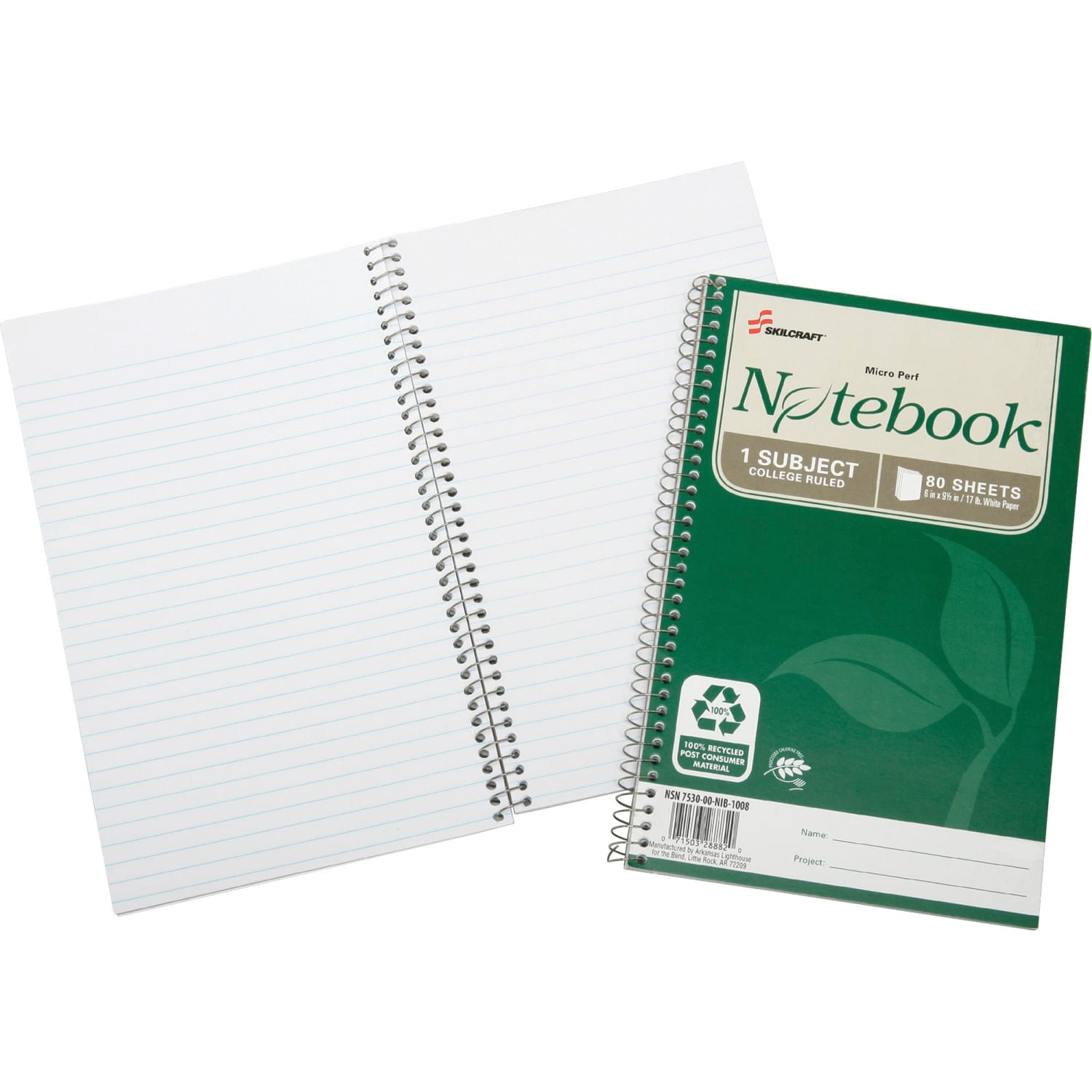 SKILCRAFT Spiral Notebook, 6in x 9-1/2in, 1 Subject, College Rule, 80 Sheets, 100% Recycled, Green, Pack of 3 - Image 3