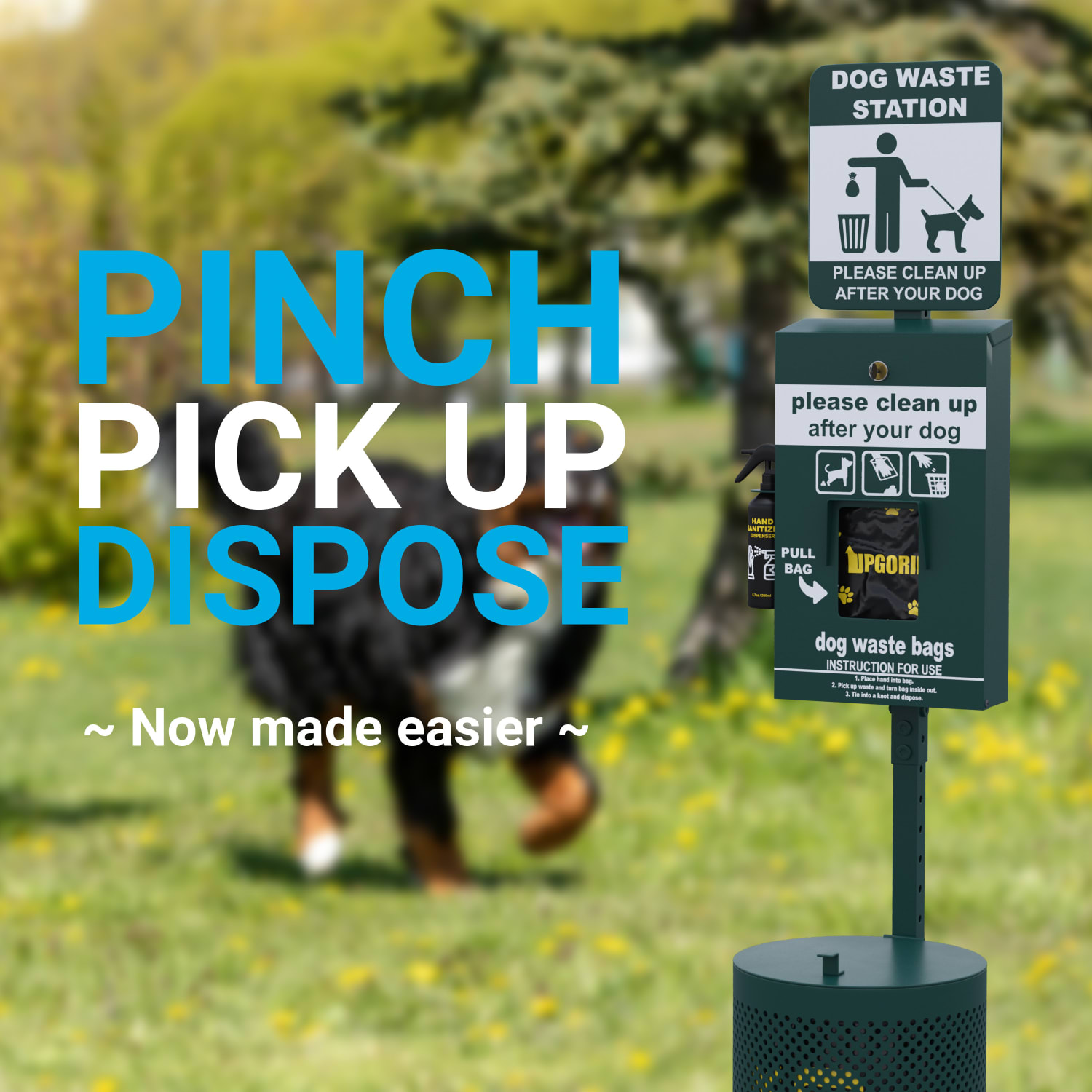 Flash Furniture Kessler Pet Waste Station With Glow-in-the-Dark Sign, Bag Dispenser, Hand Sanitizer & Pedal Trash Can, Green - YANHL1I55425 - Image 3