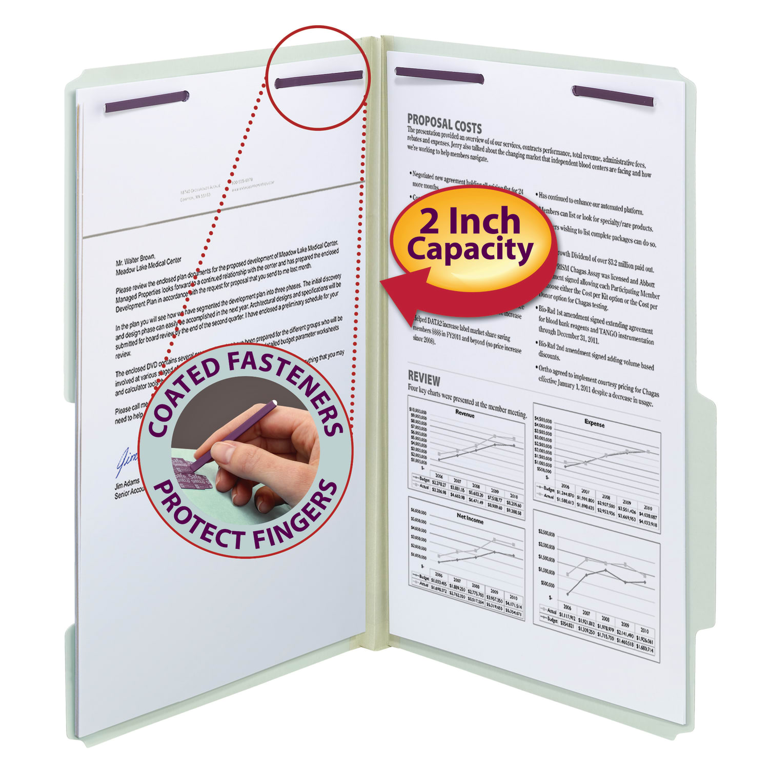 Smead Guide Height Pressboard Folders With SafeSHIELD Fasteners, 2/5 Cut, Legal Size, 2in Expansion, Gray/Green, Box Of 25 - Image 3