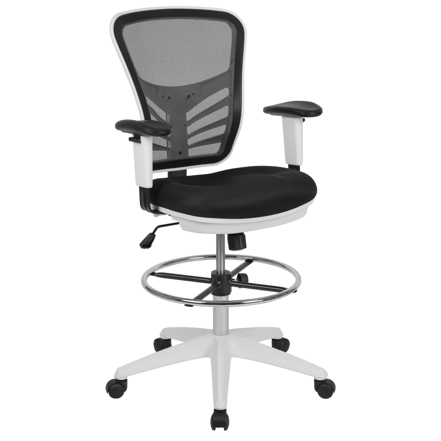 Flash Furniture Mid-Back Mesh Ergonomic Drafting Chair with Adjustable Chrome Foot Ring, Adjustable Arms, Black/White - Image 3