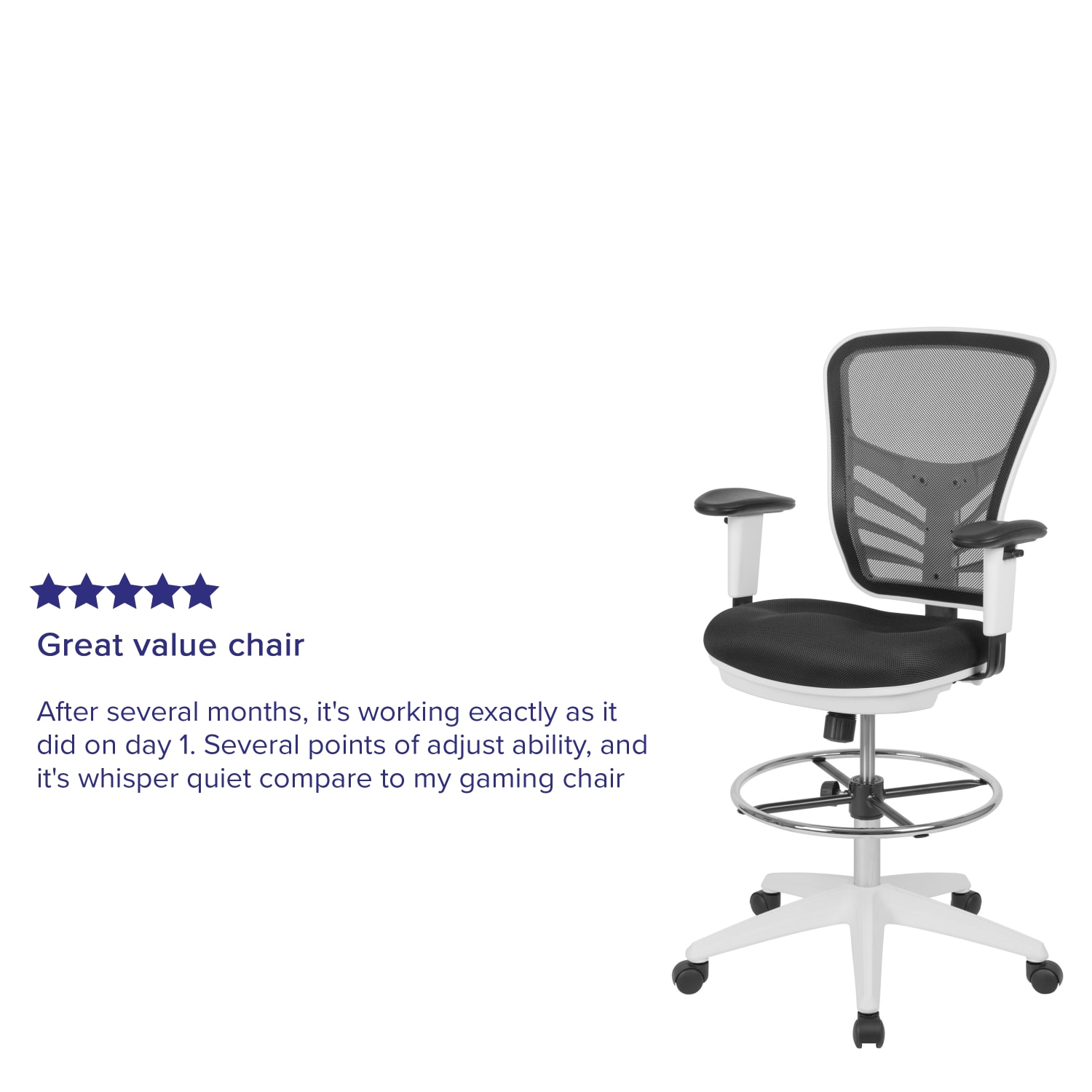 Flash Furniture Mid Back Mesh Ergonomic Drafting Chair with Adjustable Chrome Foot Ring Adjustable Arms BlackWhite PopularChairscom