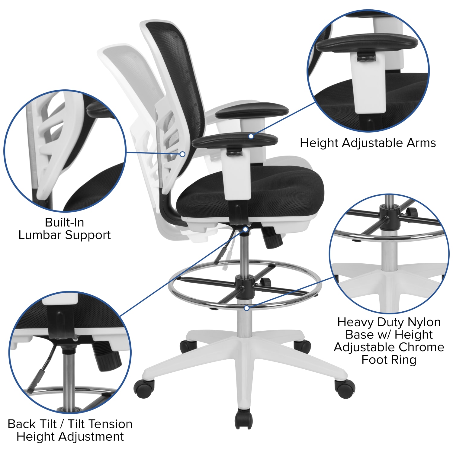 Flash Furniture Mid Back Mesh Ergonomic Drafting Chair with Adjustable Chrome Foot Ring Adjustable Arms BlackWhite PopularChairscom