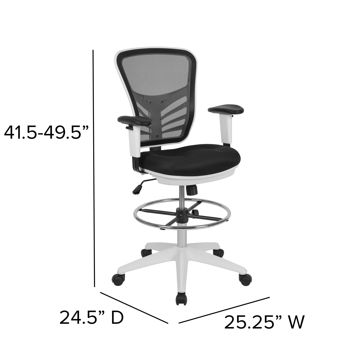 Flash Furniture Mid-Back Mesh Ergonomic Drafting Chair with Adjustable Chrome Foot Ring, Adjustable Arms, Black/White - Image 7
