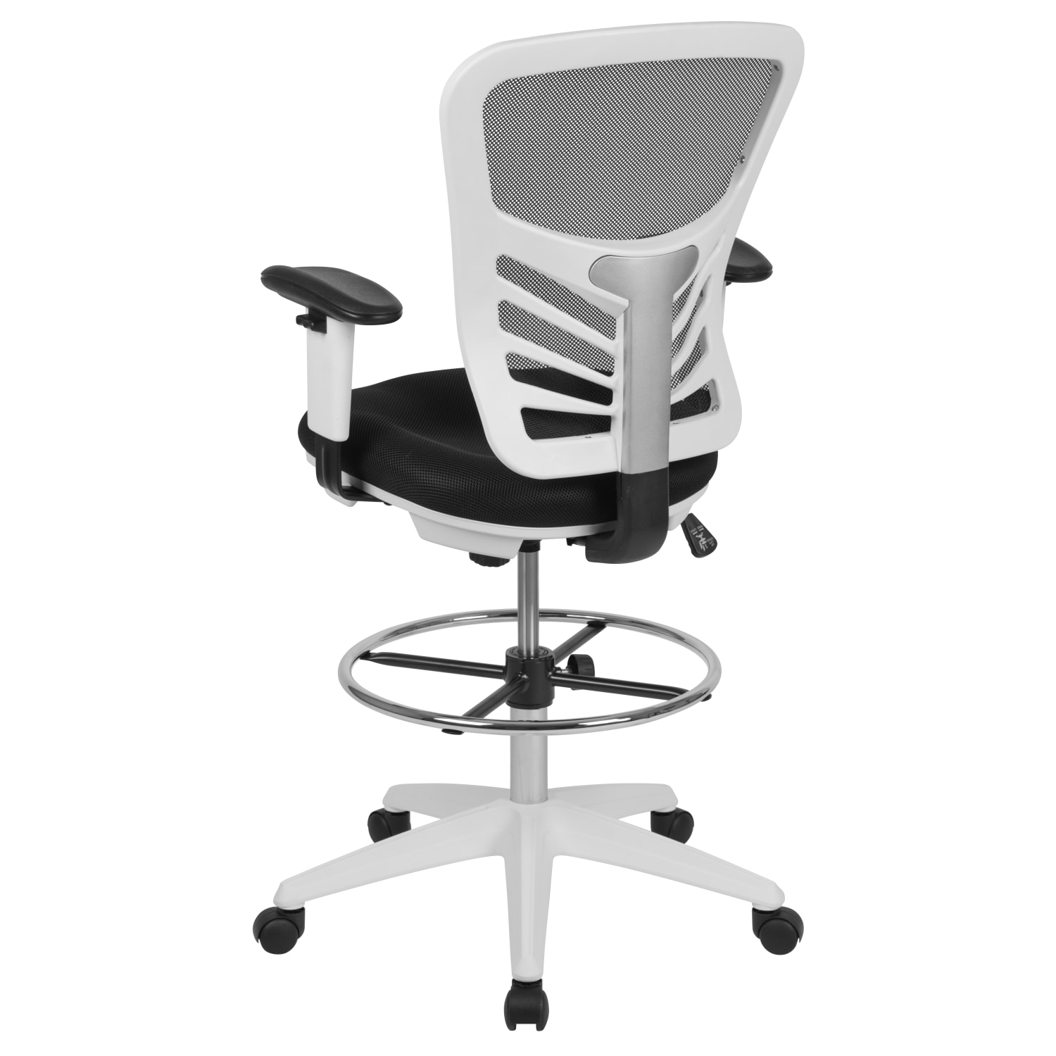 Flash Furniture Mid-Back Mesh Ergonomic Drafting Chair with Adjustable Chrome Foot Ring, Adjustable Arms, Black/White - Image 8