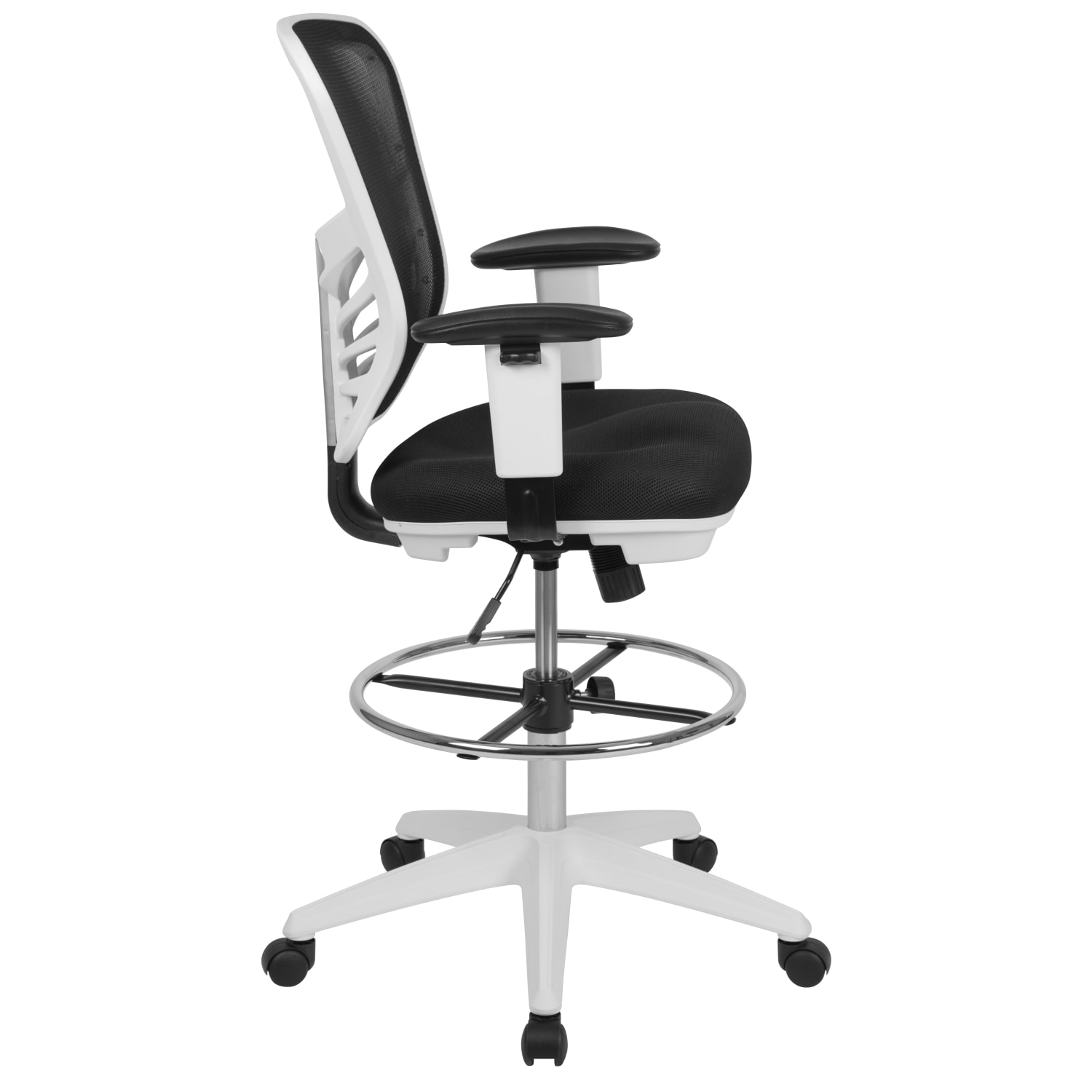Flash Furniture Mid-Back Mesh Ergonomic Drafting Chair with Adjustable Chrome Foot Ring, Adjustable Arms, Black/White - Image 10