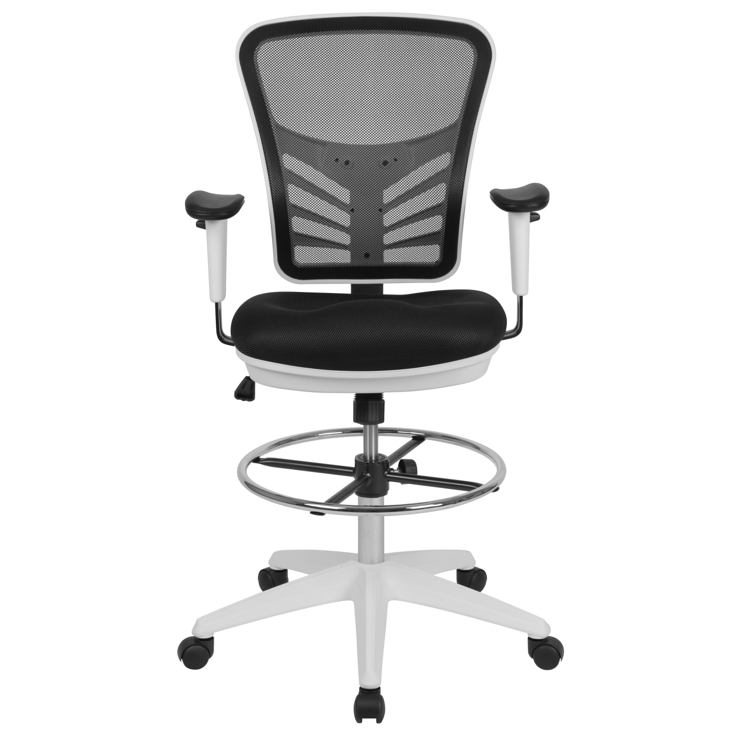 Flash Furniture Mid-Back Mesh Ergonomic Drafting Chair with Adjustable Chrome Foot Ring, Adjustable Arms, Black/White - Image 11