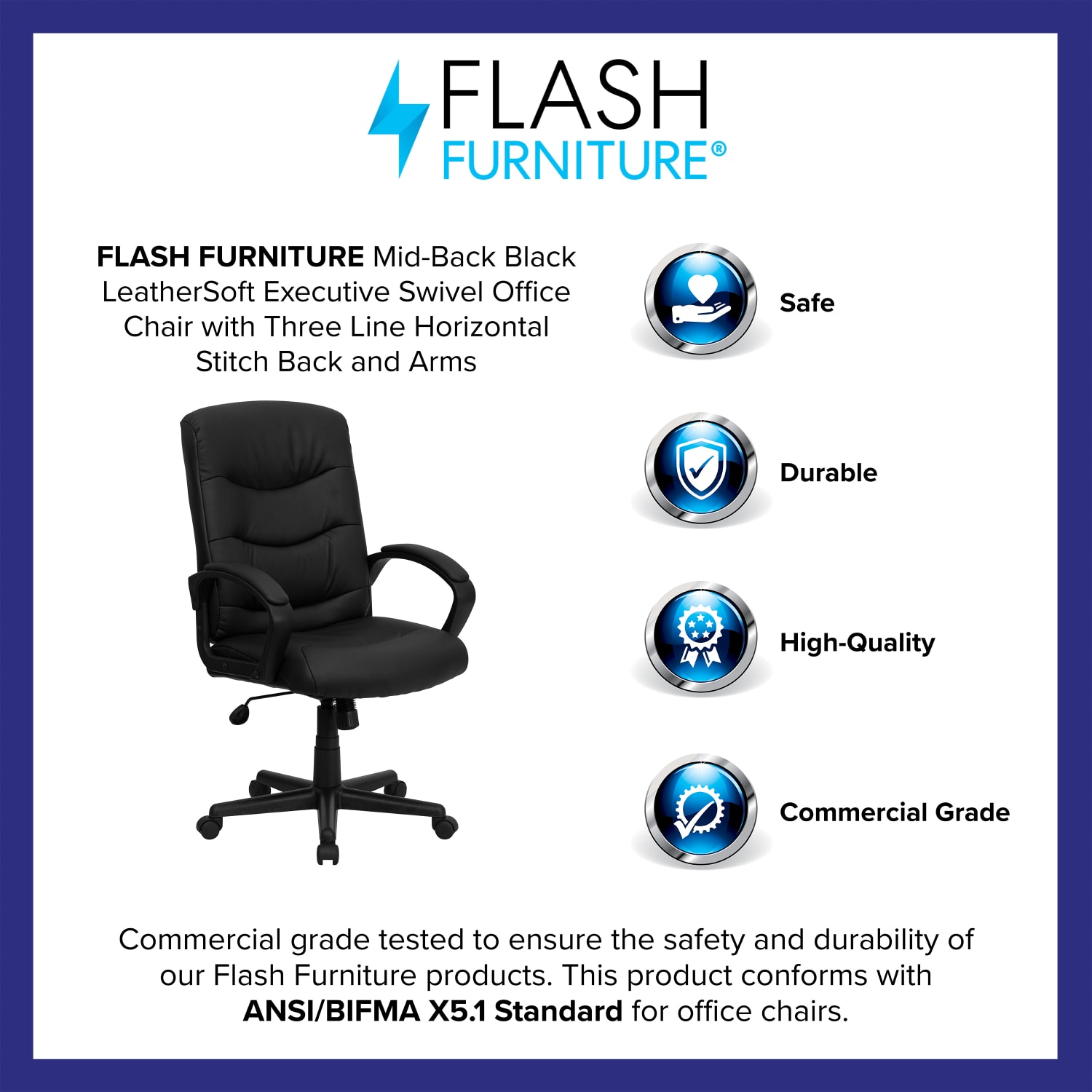 Flash Furniture LeatherSoft Faux Leather Mid-Back Swivel Task Chair With 24 1/2in Back Cushion, Black - Image 5