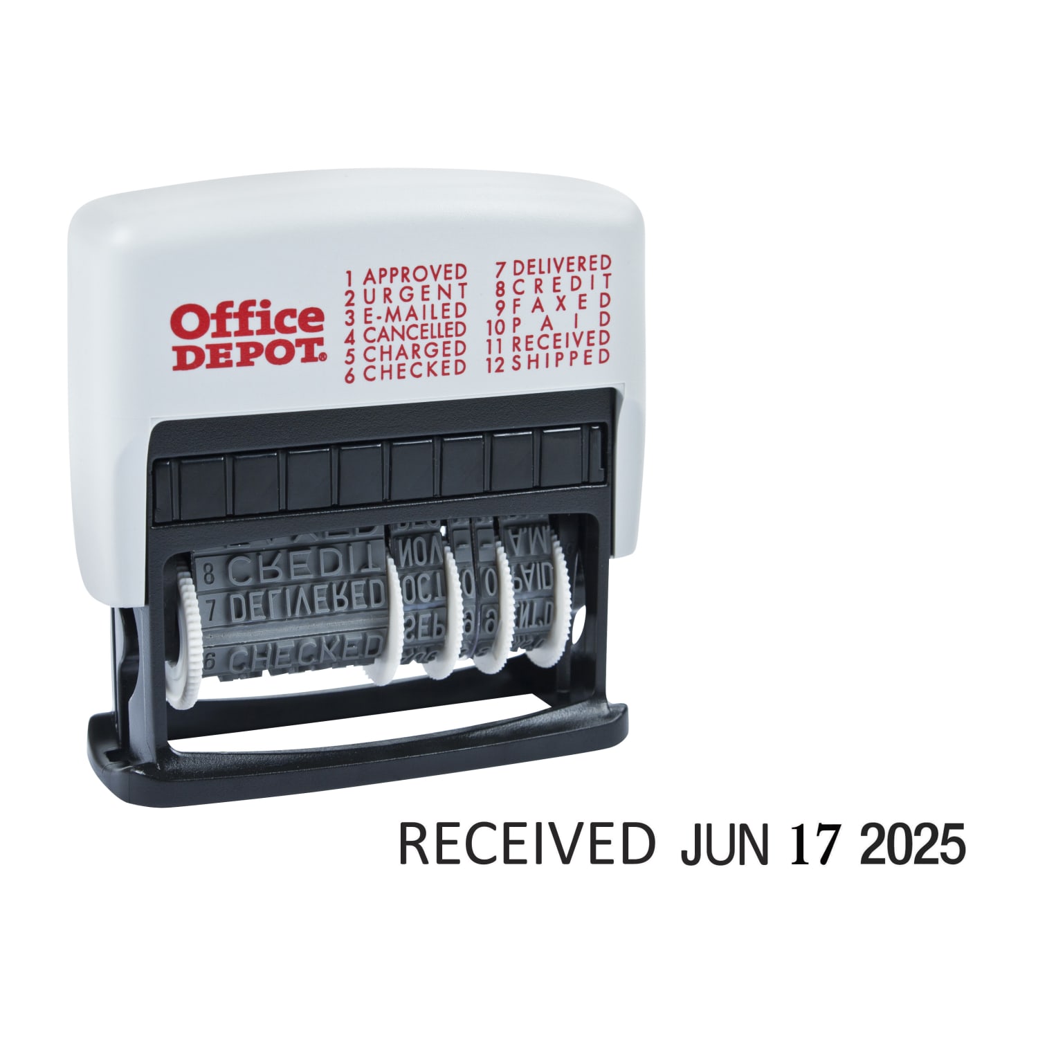 Office Depot Brand Self-Inking 12-in-1 Micro Message Stamp Dater, 1-1/16in x 5/32 Impression, Black Ink - Image 3