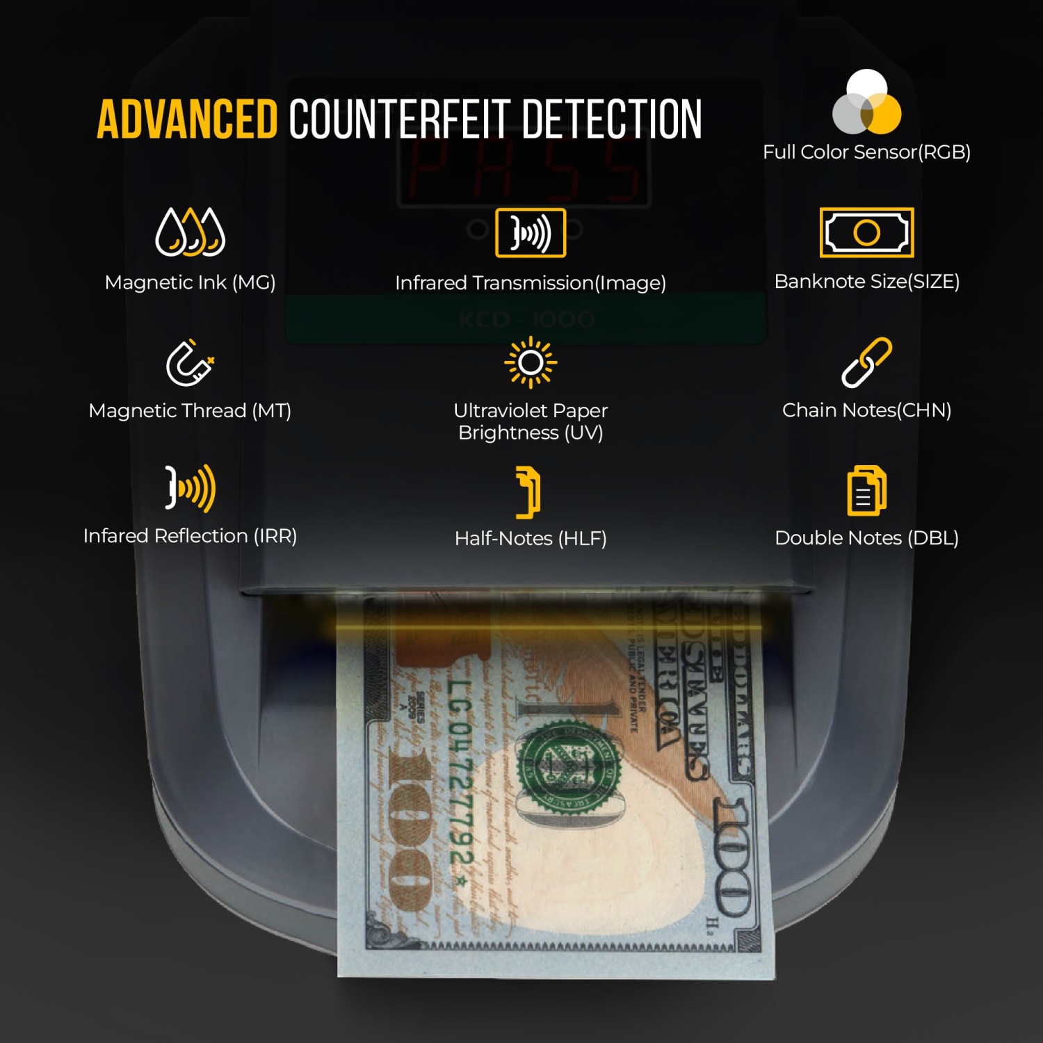 Kolibri KCD-1000 4-Way Orientation Portable Fake Currency Reader And Counterfeit Bill Detector, 3-5/8inH x 6-5/16inW x 5-1/8inD - Image 6