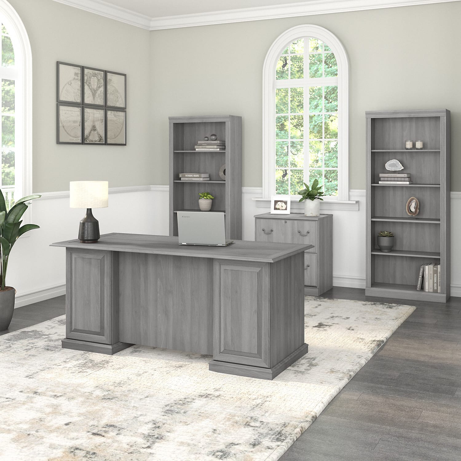 Bush Business Furniture Saratoga 66inW Executive Computer Desk With File Cabinet And 5-Shelf Bookcase Set, Modern Gray, Standard Delivery - Image 3