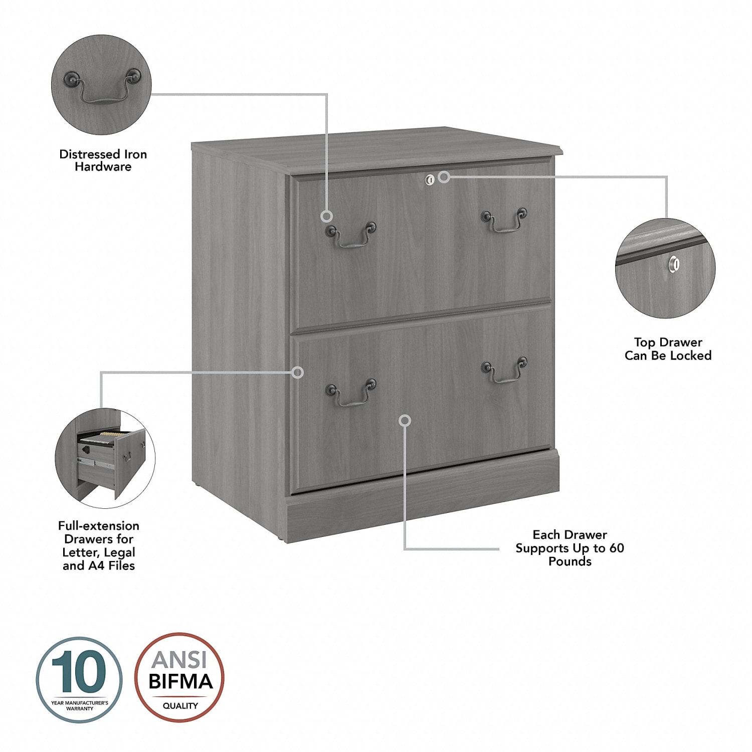 Bush Business Furniture Saratoga 66inW Executive Computer Desk With File Cabinet And 5-Shelf Bookcase Set, Modern Gray, Standard Delivery - Image 5