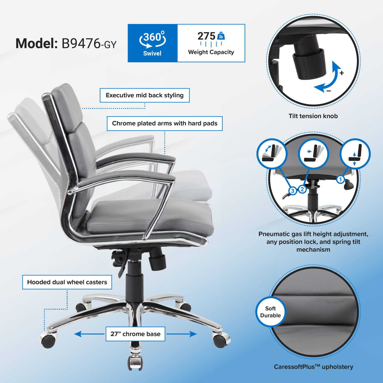 Boss Office Products CaressoftPlus Mid-Back Chair, Gray/Black - Image 3