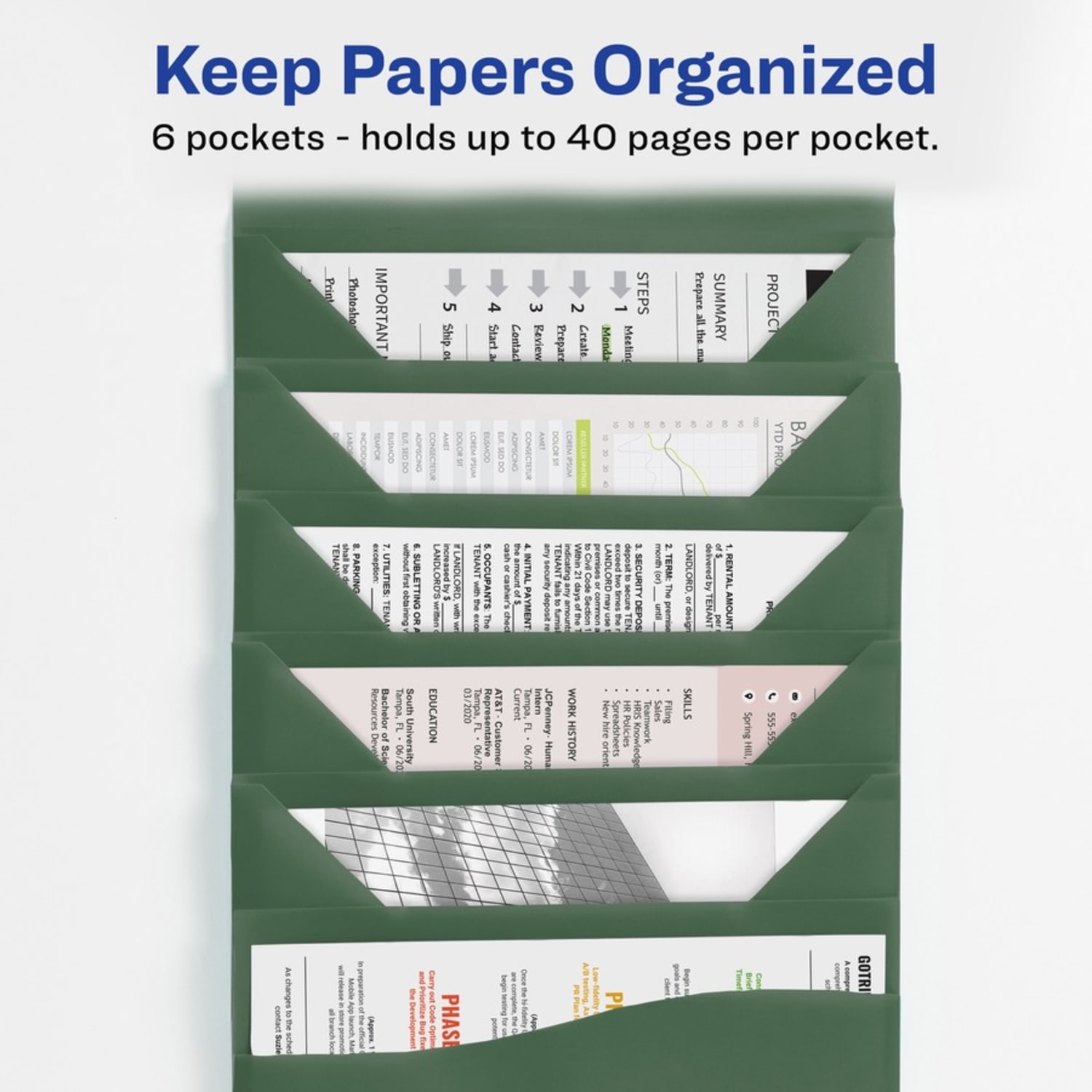 Avery Slide & View Letter Organizer Folder - 8 1/2in x 11in - 40 Sheet Capacity - 6 Pocket(s) - Plastic, Poly, Polypropylene - Sage - 1 Each - Image 5