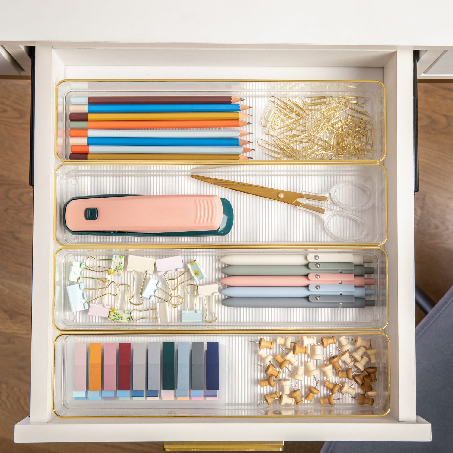 Martha Stewart Kerry Plastic Stackable Office Desk Drawer Organizers, 2inH x 3inW x 9inD, Clear/Gold Trim, Pack Of 8 Organizers - Image 6
