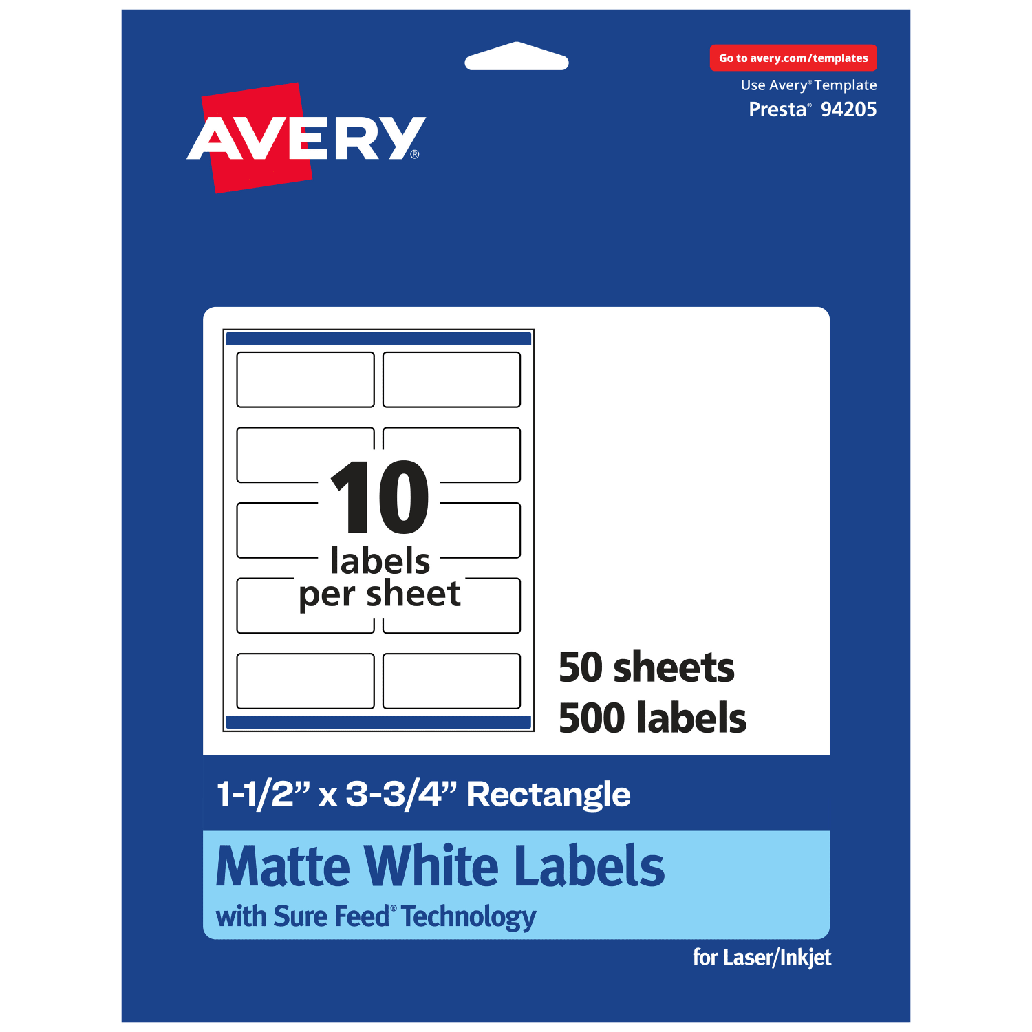Avery Permanent Labels With Sure Feed, 94205-WMP50, Rectangle, 1-1/2in x 3-3/4in, White, Pack Of 500