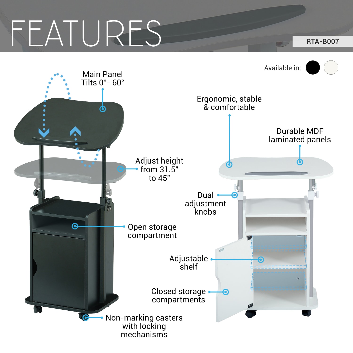 Techni Mobili 24inW Sit-to-Stand Rolling Adjustable Height Laptop Cart Standing Desk With Storage, White, Total Qty 1 - Image 4