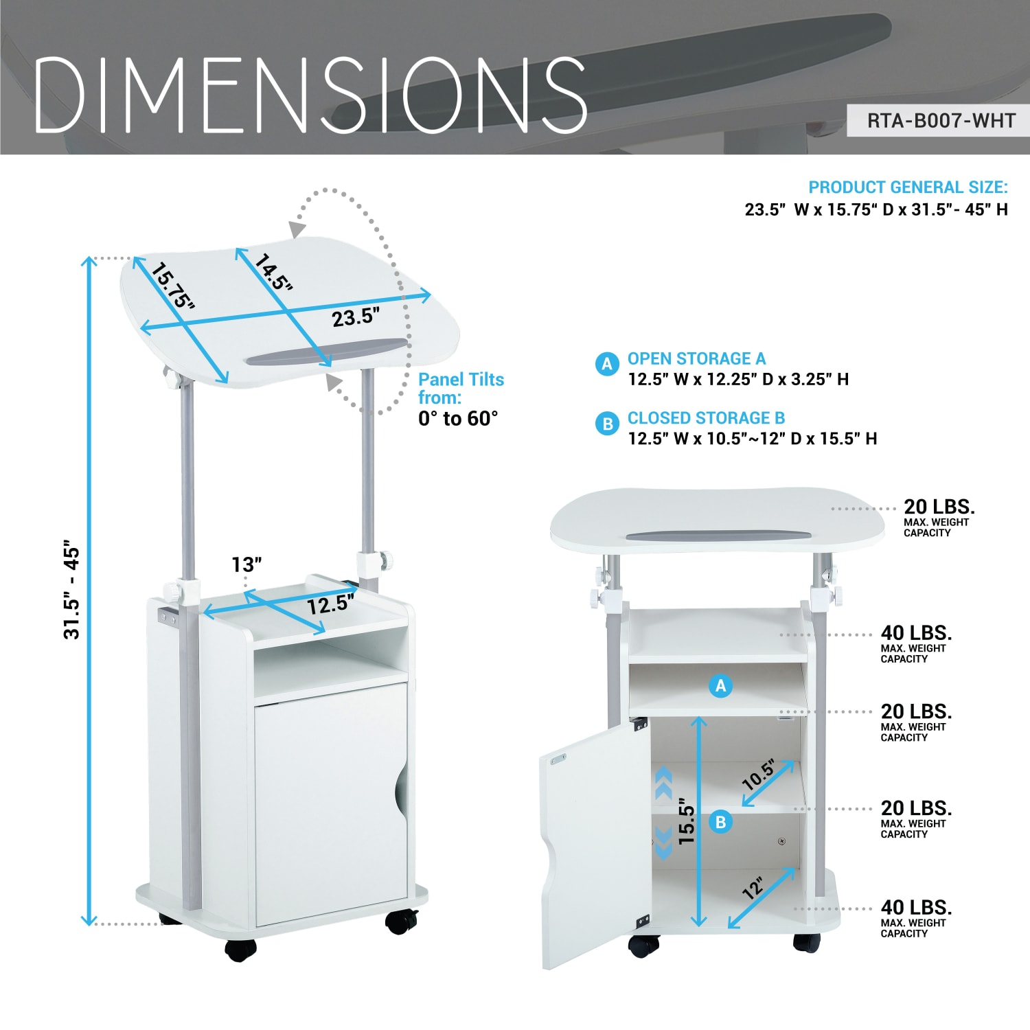 Techni Mobili 24inW Sit-to-Stand Rolling Adjustable Height Laptop Cart Standing Desk With Storage, White, Total Qty 1 - Image 5