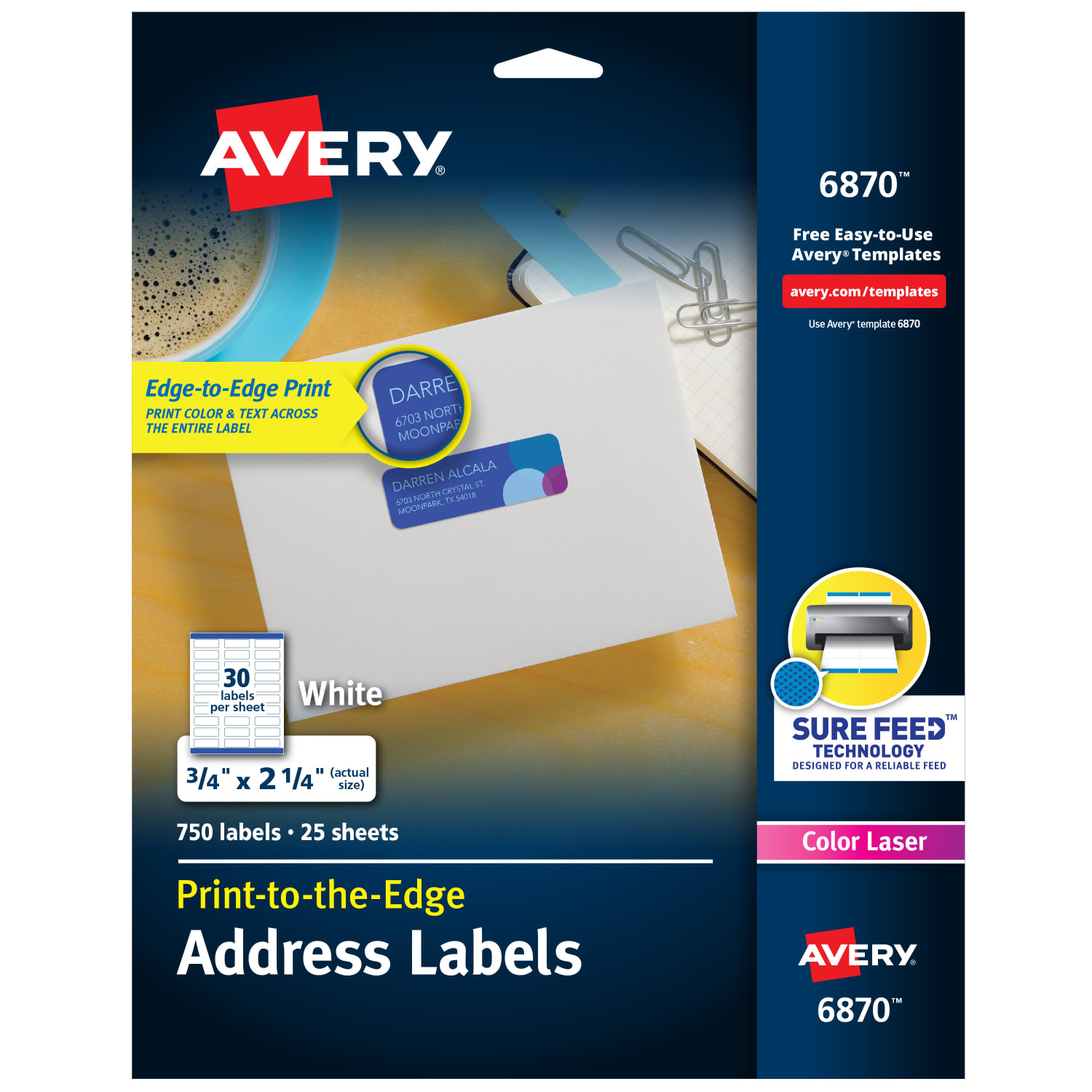 Avery Print-to-the-Edge Copier Address Labels - 3/4inx 2 1/4in - Permanent Adhesive - Rectangle - Laser - 6870