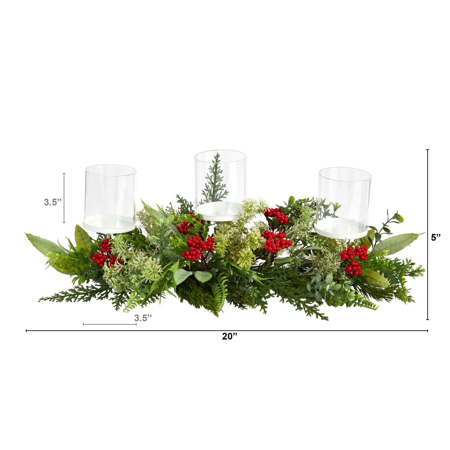 Nearly Natural 5inH Holiday Winter Greenery And Berries Triple Candle Holder Artificial Christmas Table Arrangement, 5inH x 20inW x 4inD, Clear/Green/Red - Image 3