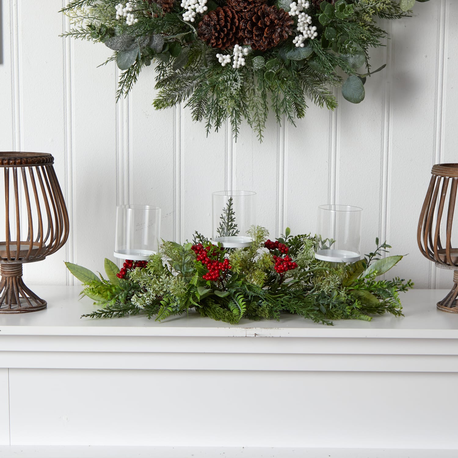 Nearly Natural 5inH Holiday Winter Greenery And Berries Triple Candle Holder Artificial Christmas Table Arrangement, 5inH x 20inW x 4inD, Clear/Green/Red - Image 4