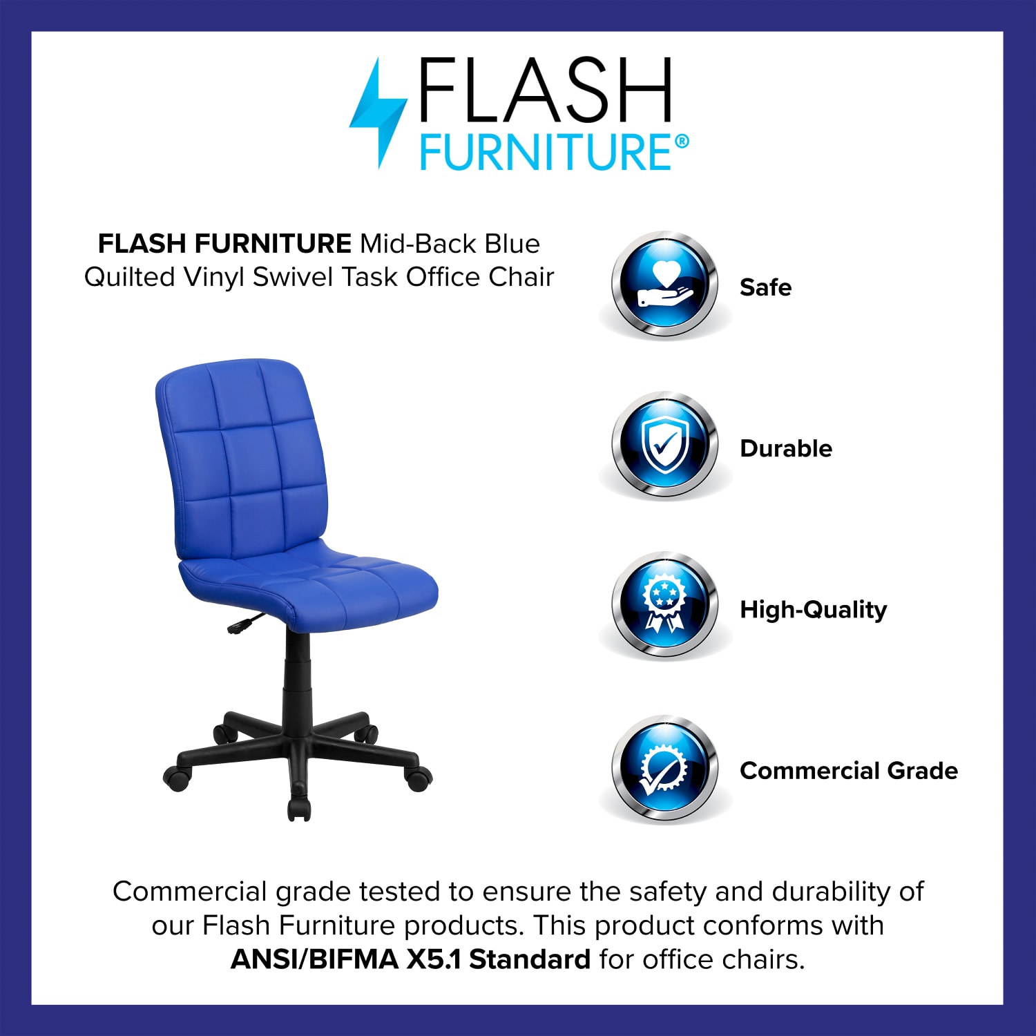 Flash Furniture Quilted Vinyl Mid Back Swivel Task Chair Armeless BlueBlack PopularChairscom