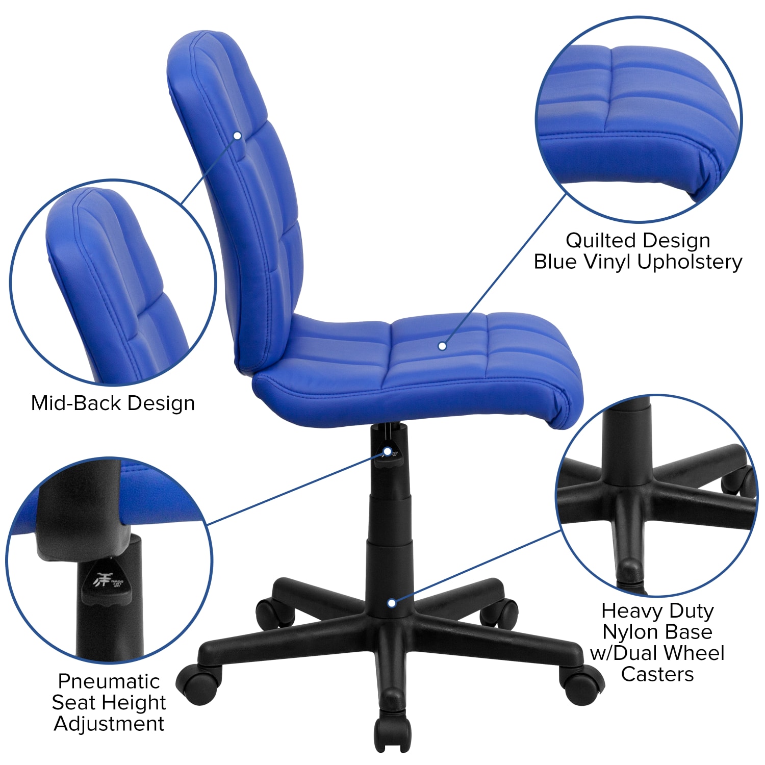 Flash Furniture Quilted Vinyl Mid Back Swivel Task Chair Armeless BlueBlack PopularChairscom