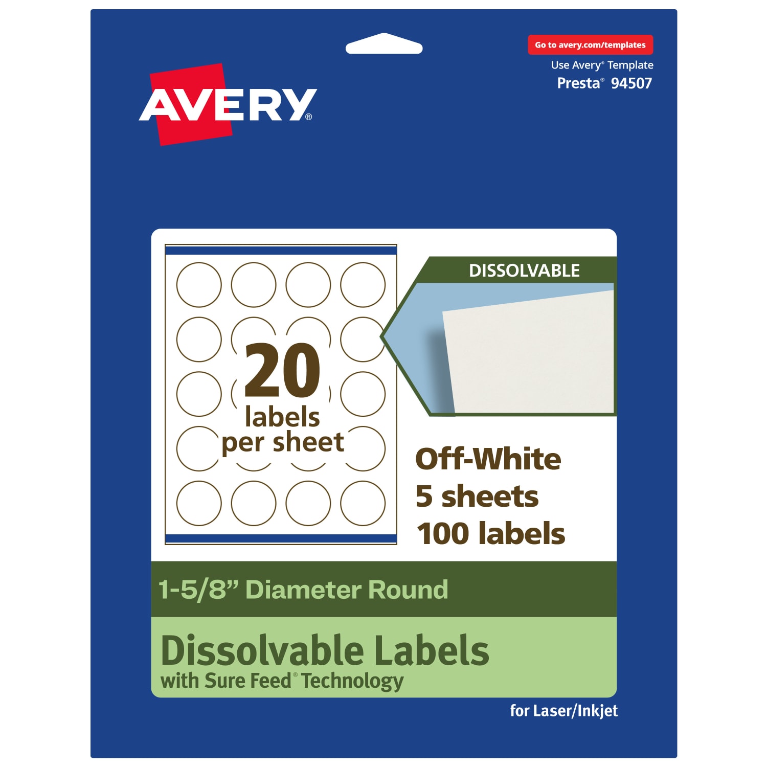 Avery Print-to-the-Edge Dissolvable Labels With Sure Feed Technology, 94507-DWMP5, Round, 1-5/8in, Matte Off-White, Pack Of 100