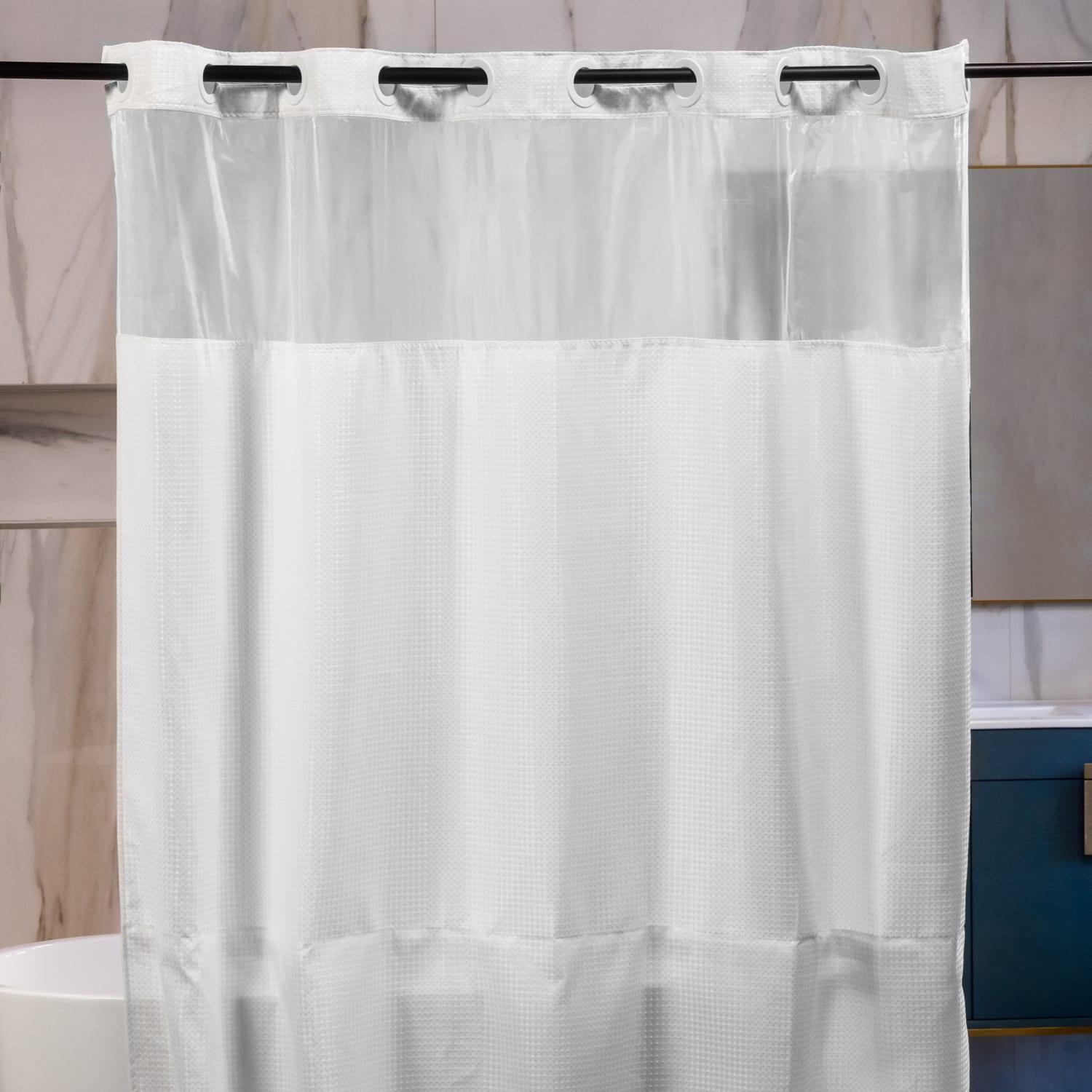 23 Threads Shower Curtain, Waffle GRS Polyester, Hook-Free, With Window & Short Liner, White, 71in x 74in, Case of 12 - Image 3