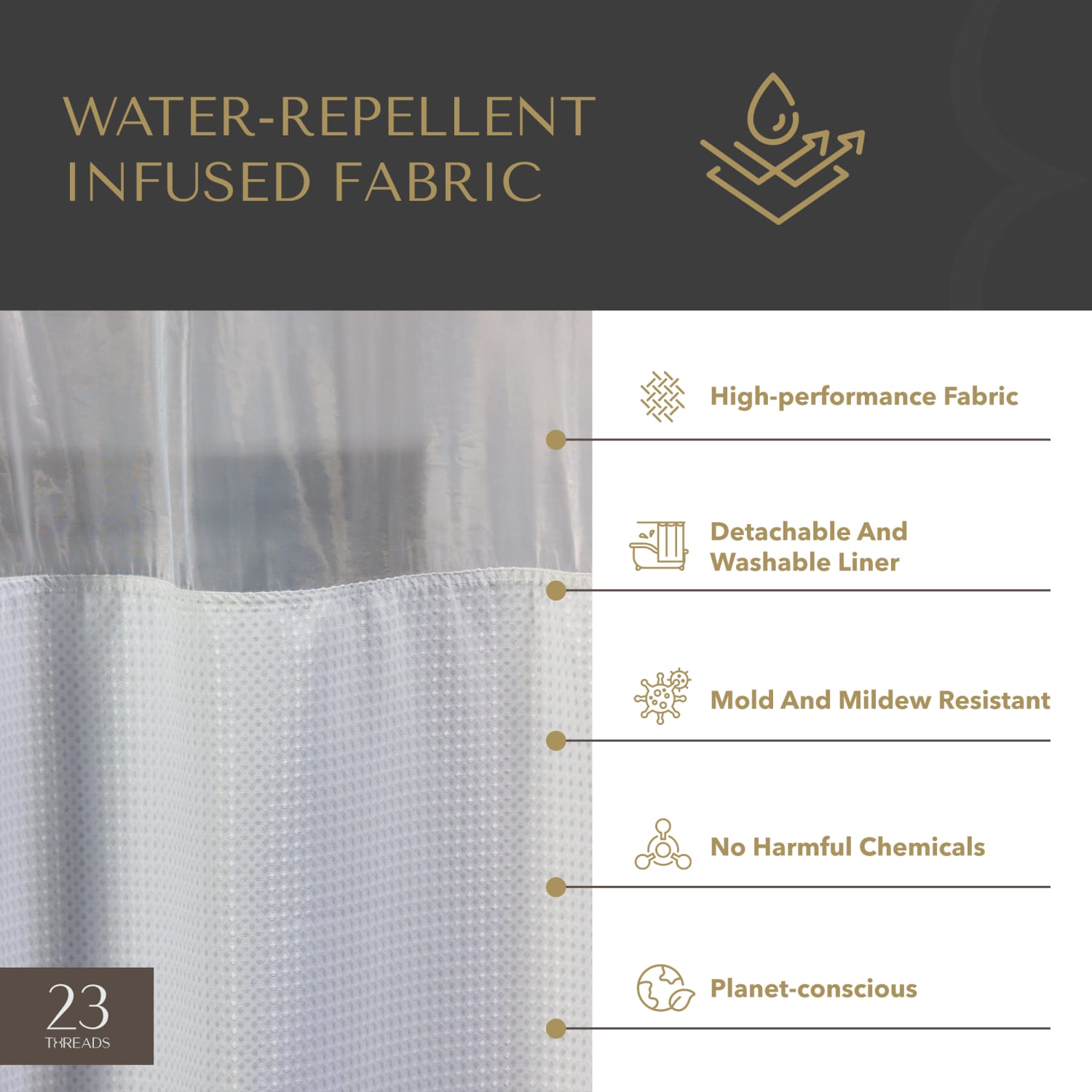 23 Threads Shower Curtain, Waffle GRS Polyester, Hook-Free, With Window & Short Liner, White, 71in x 74in, Case of 12 - Image 4