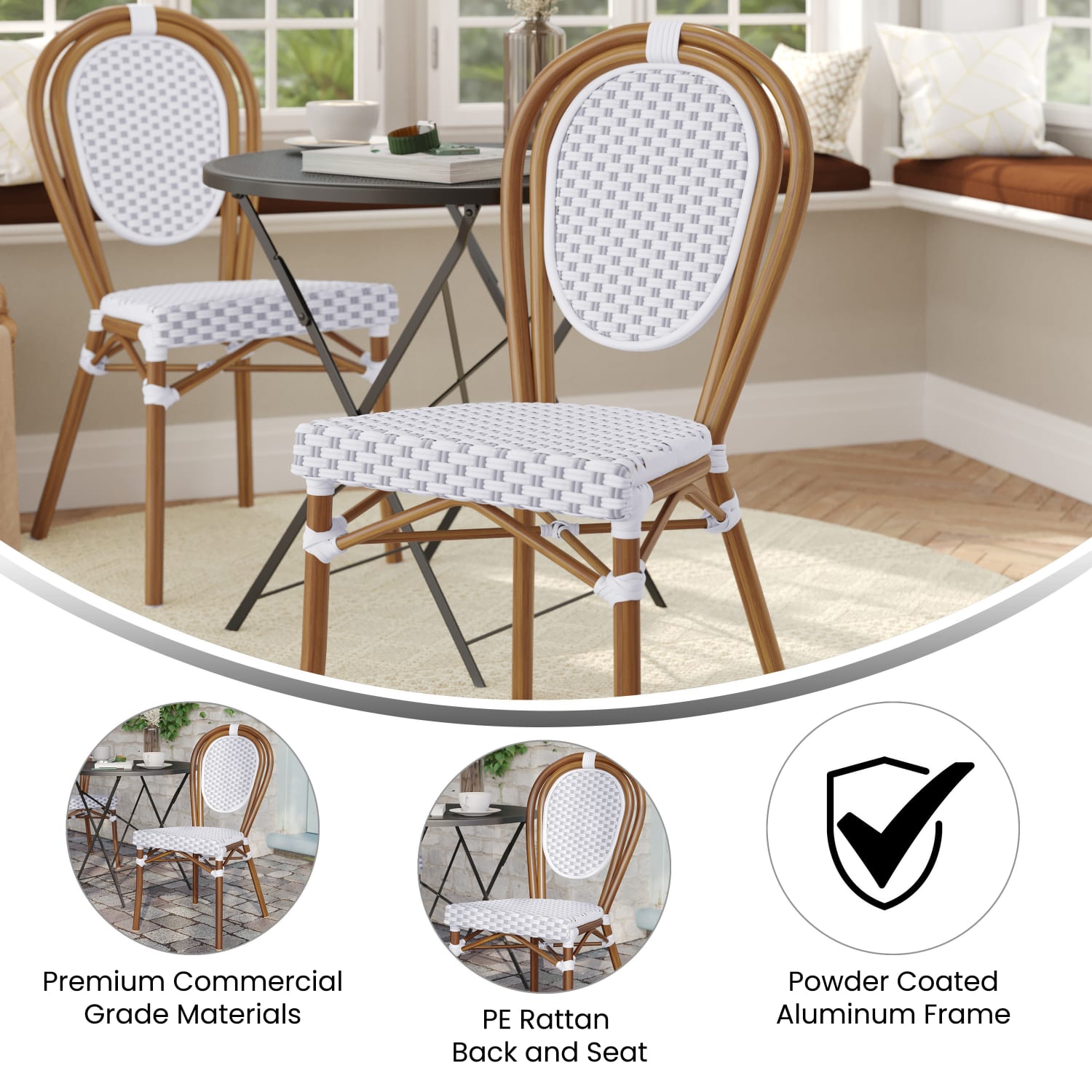 Flash Furniture Lourdes Indoor/Outdoor Commercial Thonet Bistro Stacking Chair, PE Rattan and Aluminum Frame, White & Gray/Natural Frame - Image 4