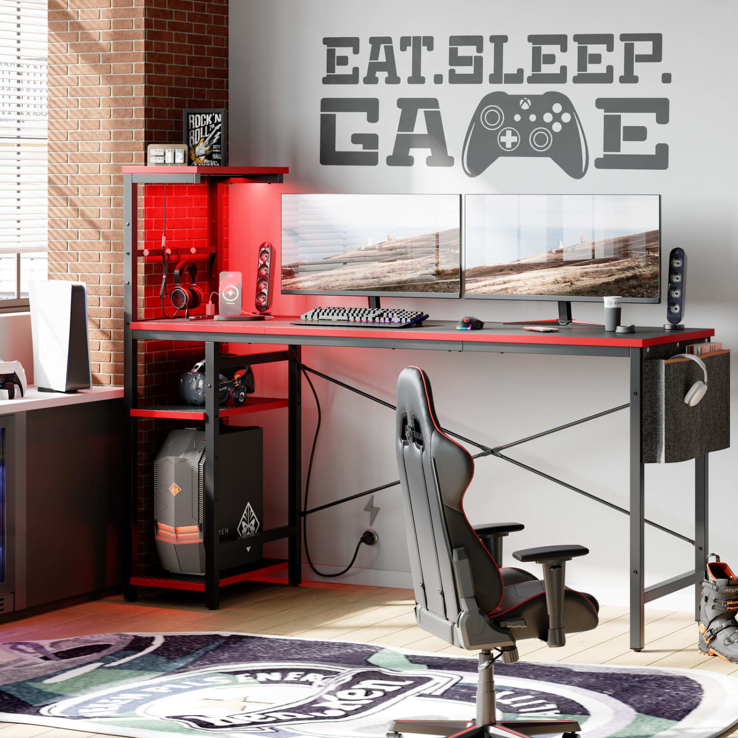 Bestier LED Gaming Computer Desk With Power Outlets, Shelves, Hook & Side Bag, 61inW, Carbon Fiber Black - Image 5