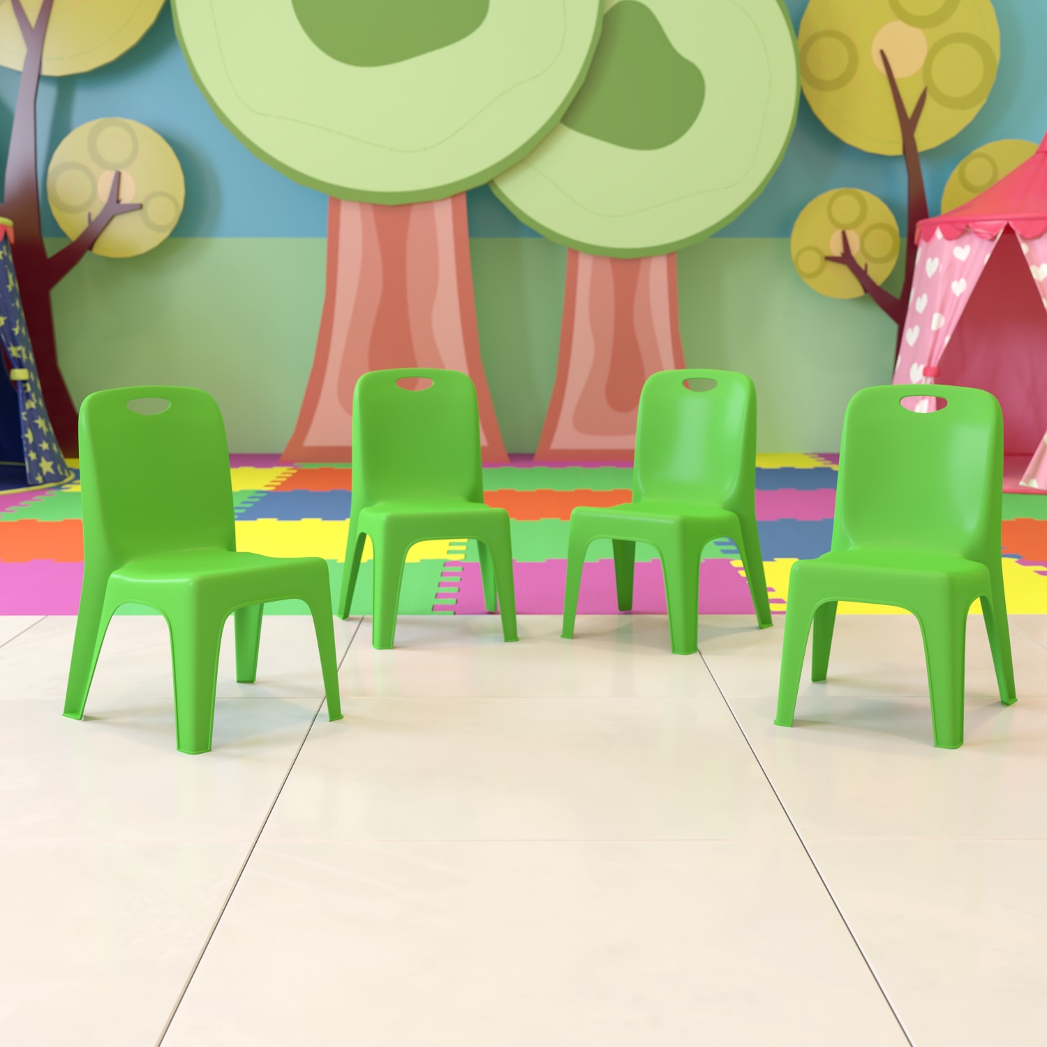 Flash Furniture Plastic Stackable School Chairs With Carrying Handle And 11in Seat Height, Green, Set Of 4 Chairs