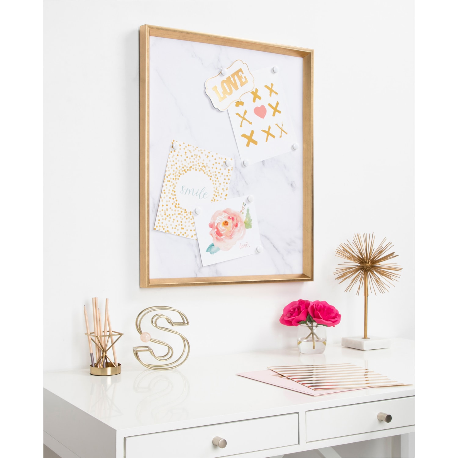 Kate and Laurel Calter Magnetic Decorative Memo Board, Canvas, 21-1/2in x 27-1/2in, Marble, Gold Plastic Frame - Image 5