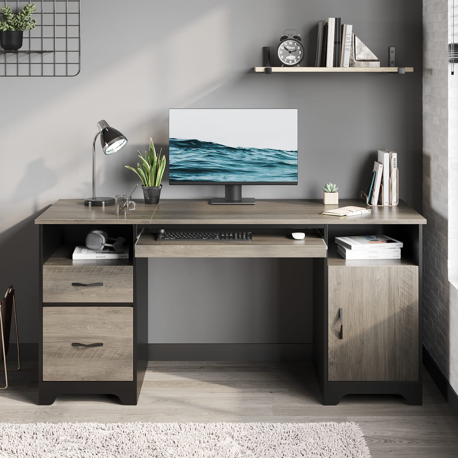 Bestier 59inW Executive Computer Desk With Open Storage & Cabinet, Gray - Image 3