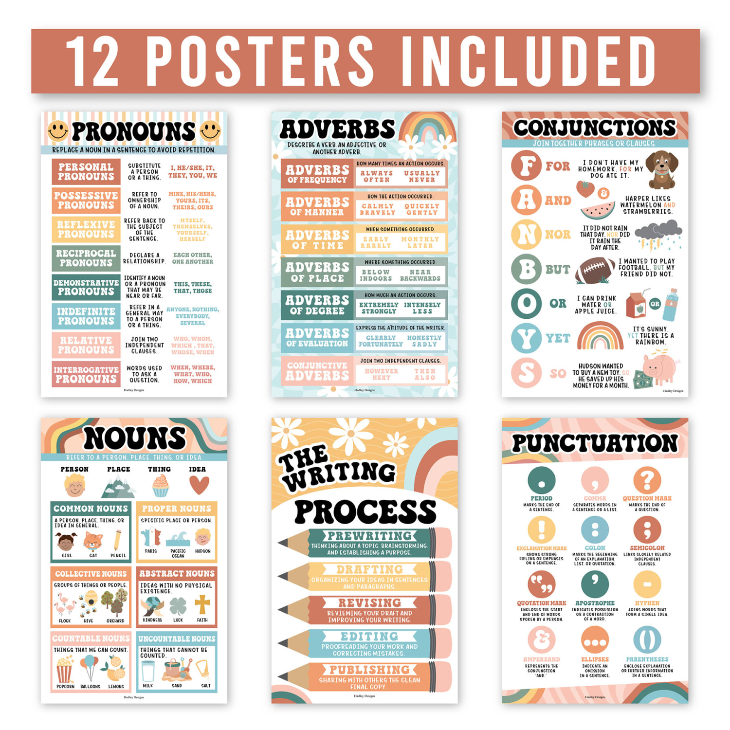 Hadley Designs Laminated Posters, Retro Parts Of Speech Language Arts and Grammar, Set Of 12 - Image 3