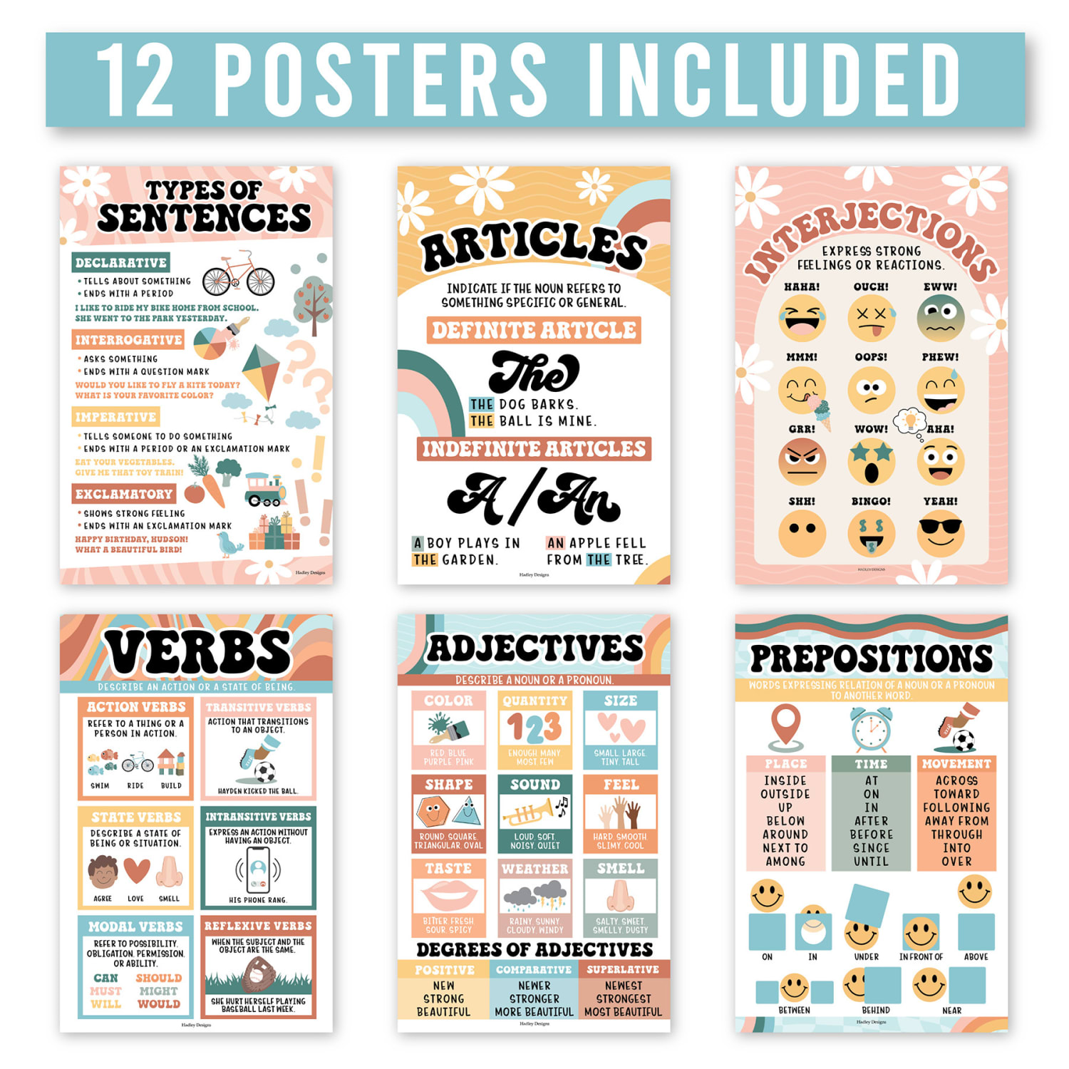 Hadley Designs Laminated Posters, Retro Parts Of Speech Language Arts and Grammar, Set Of 12 - Image 4