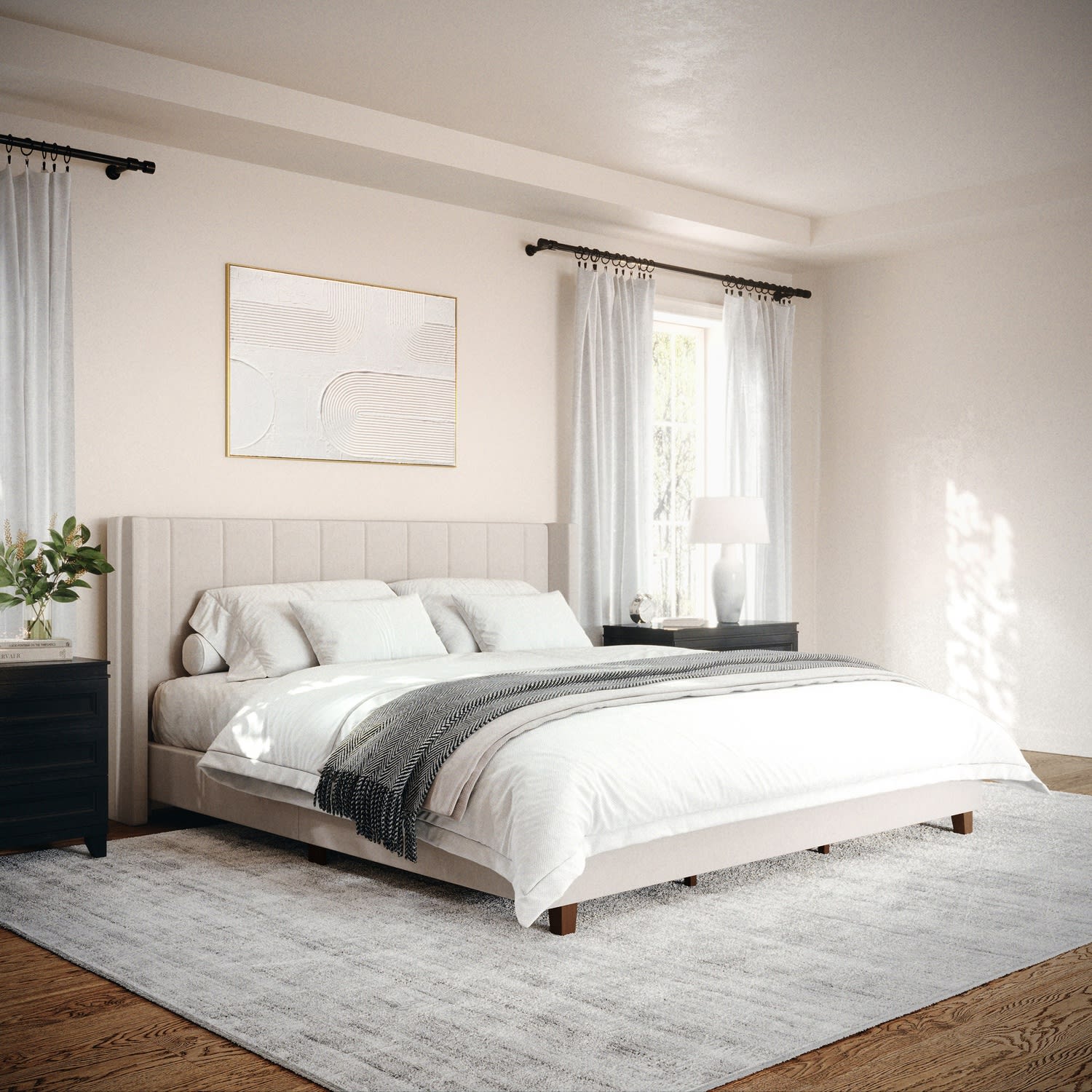 Martha Stewart Kay Upholstered Platform Bed with Channel Stitched Wingback Headboard and Cushioned Siderails - TW3WDB03KBG - Image 6