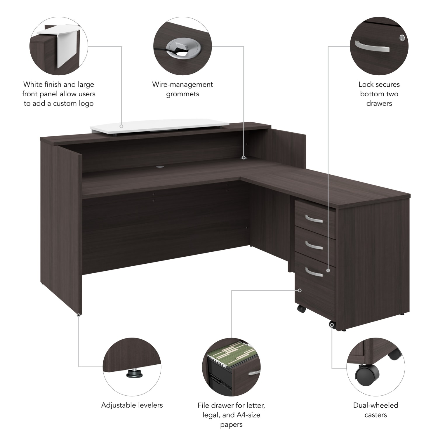 Bush Business Furniture Arrive 72inW L Shaped Reception Desk with Counter and Mobile File Cabinet, Storm Gray, Standard Delivery - Image 6