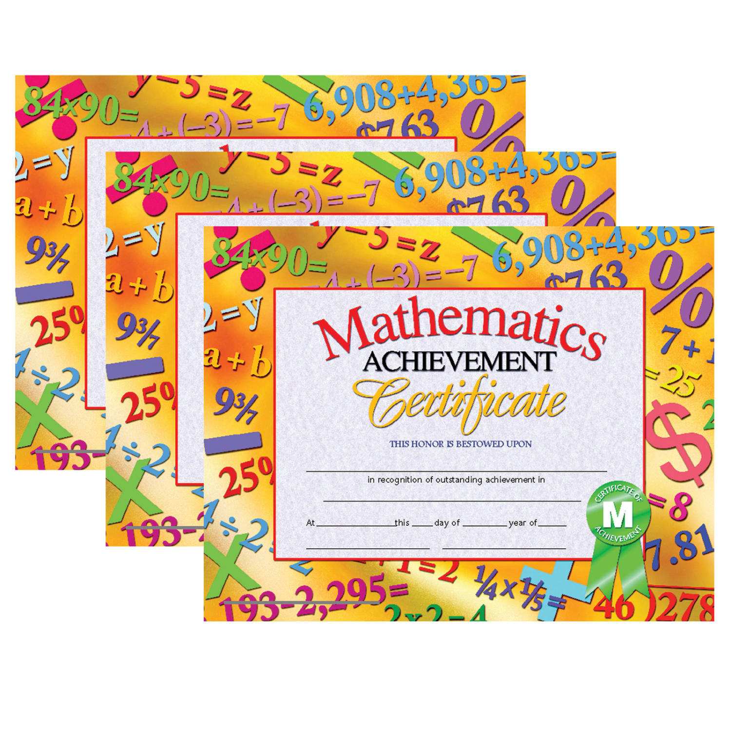 Hayes Certificates, 8-1/2in x 11in, Mathematics Achievement, 30 Certificates Per Pack, Set Of 3 Packs, HVA6813