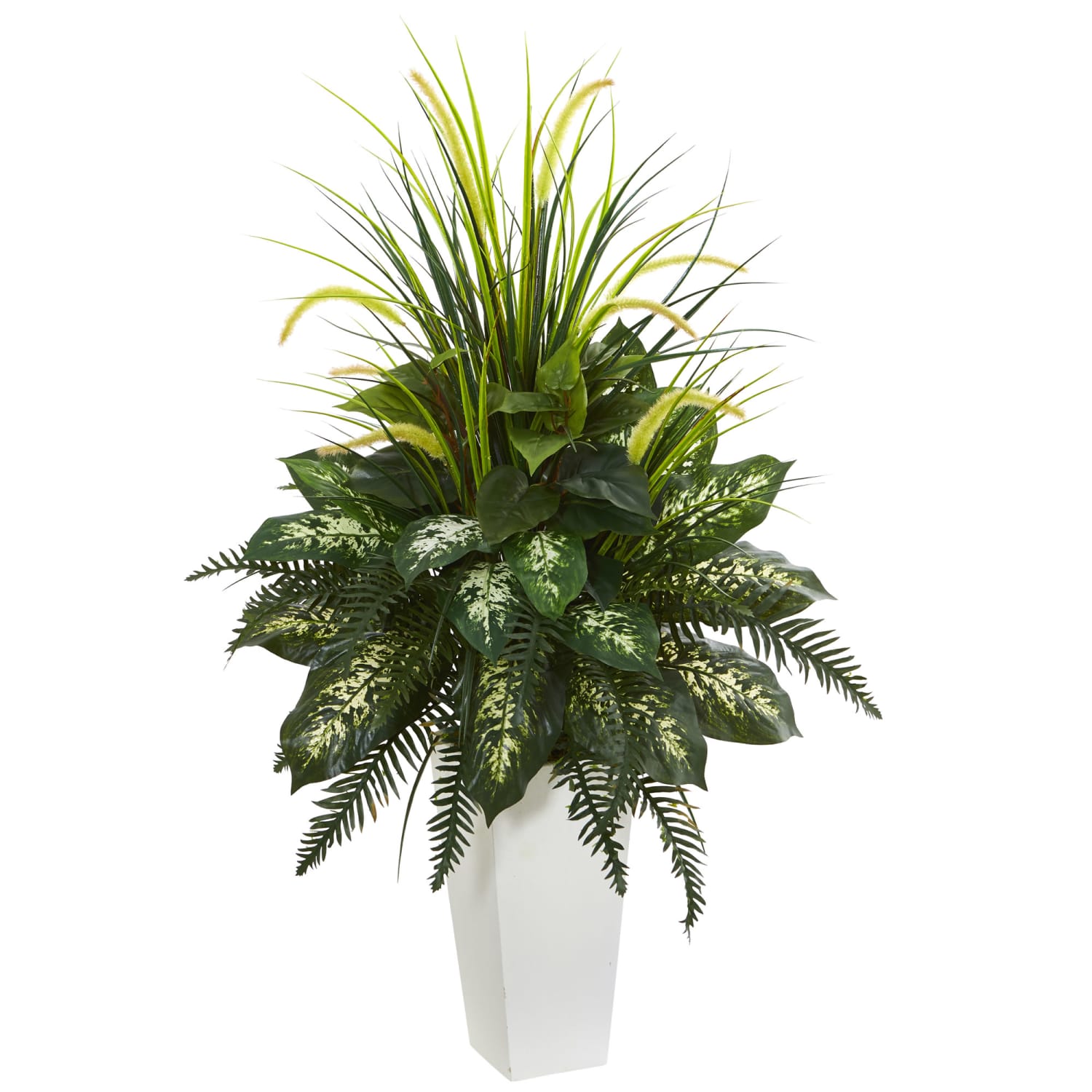 Nearly Natural Mixed River Fern And Dog Tail 48in Artificial Plant With Tower Planter, Green/White