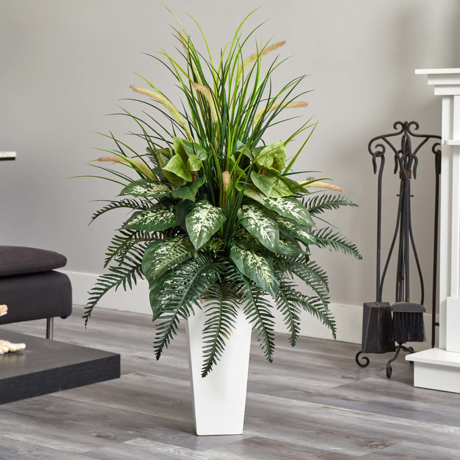 Nearly Natural Mixed River Fern And Dog Tail 48in Artificial Plant With Tower Planter, Green/White - Image 5