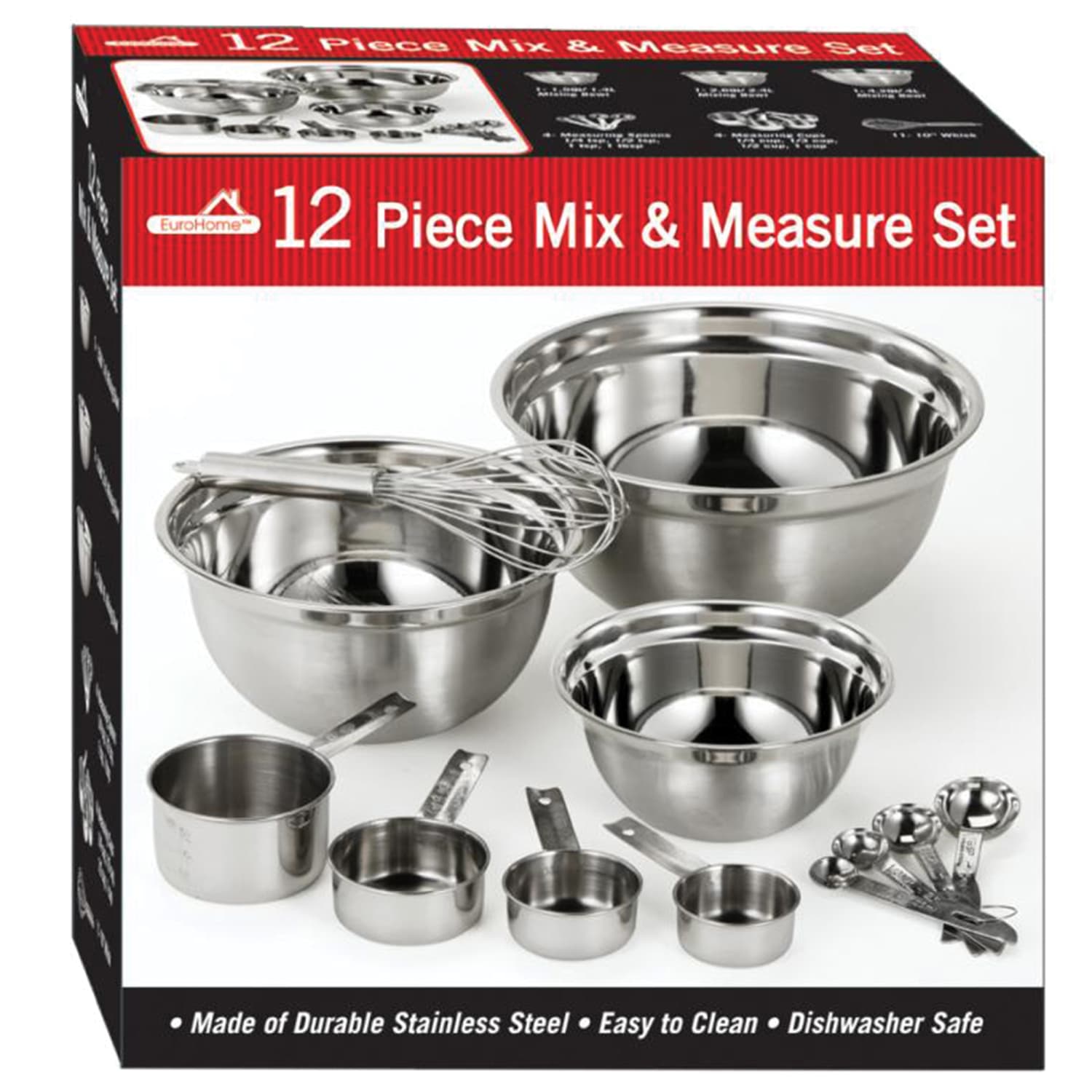 EuroHome 12-Piece Stainless Steel Mix And Measure Set, Silver