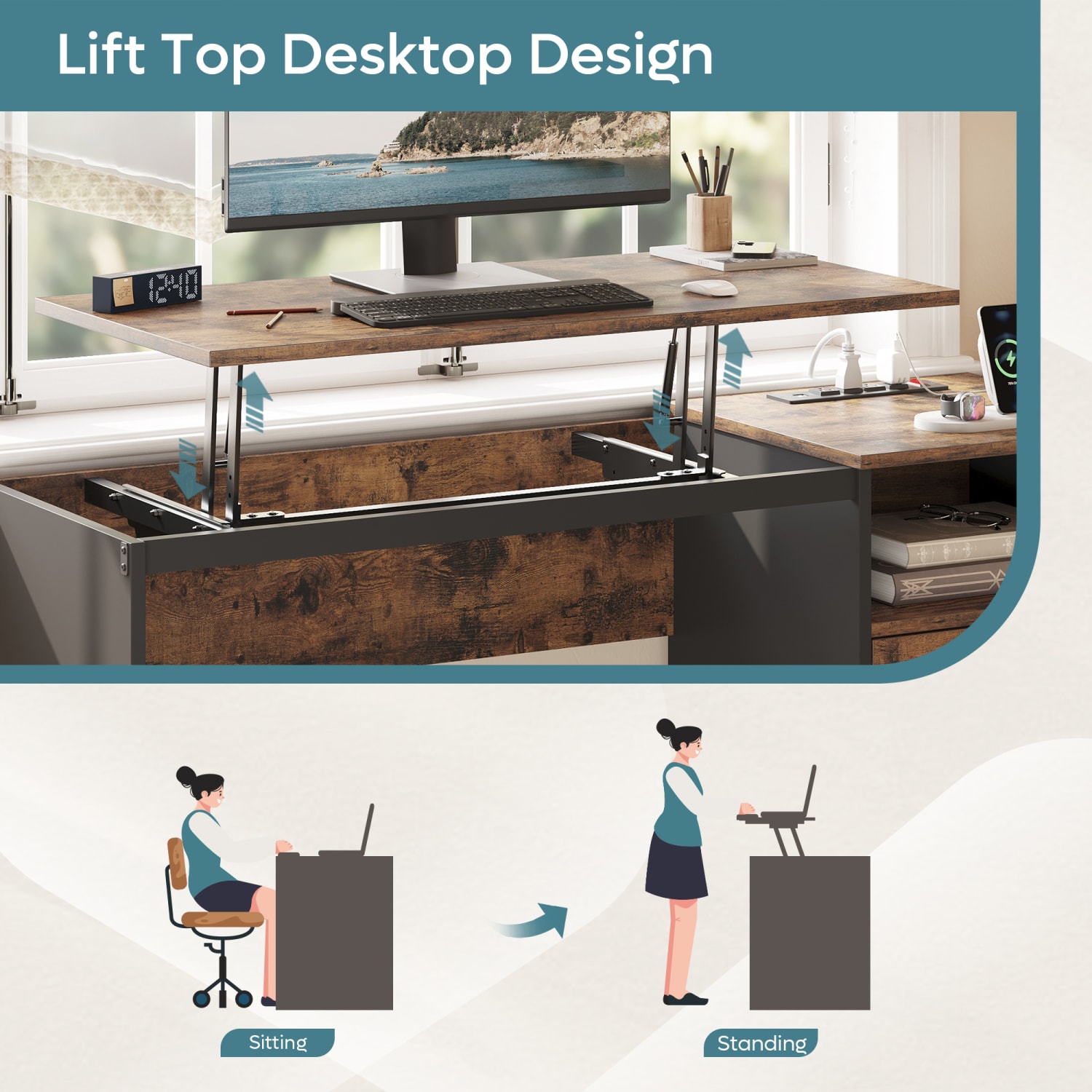Bestier 60inW Large Lift-Top Adjustable-Height Office Standing Desk With File Drawer & Power Outlet USB, Rustic Brown - Image 3