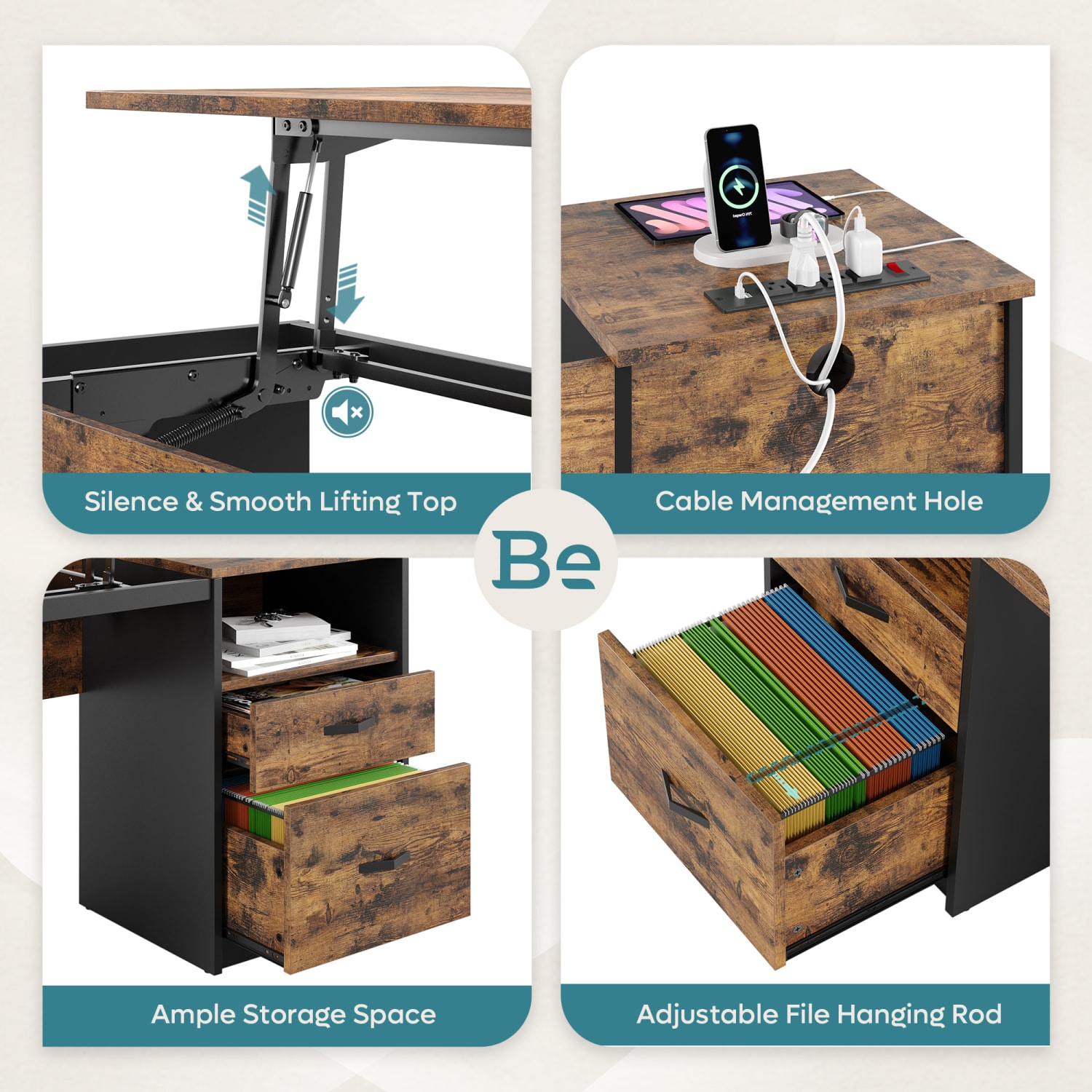 Bestier 60inW Large Lift-Top Adjustable-Height Office Standing Desk With File Drawer & Power Outlet USB, Rustic Brown - Image 4