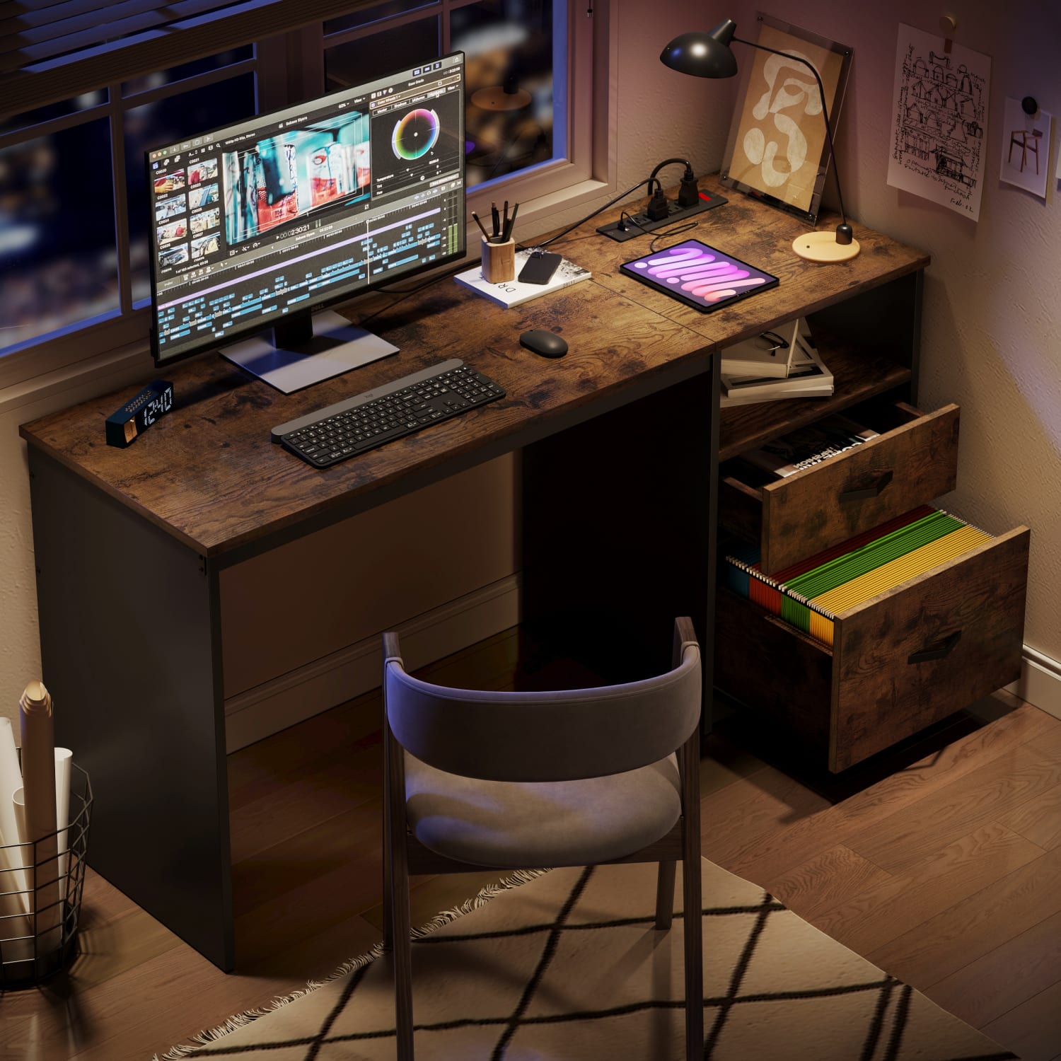 Bestier 60inW Large Lift-Top Adjustable-Height Office Standing Desk With File Drawer & Power Outlet USB, Rustic Brown - Image 6
