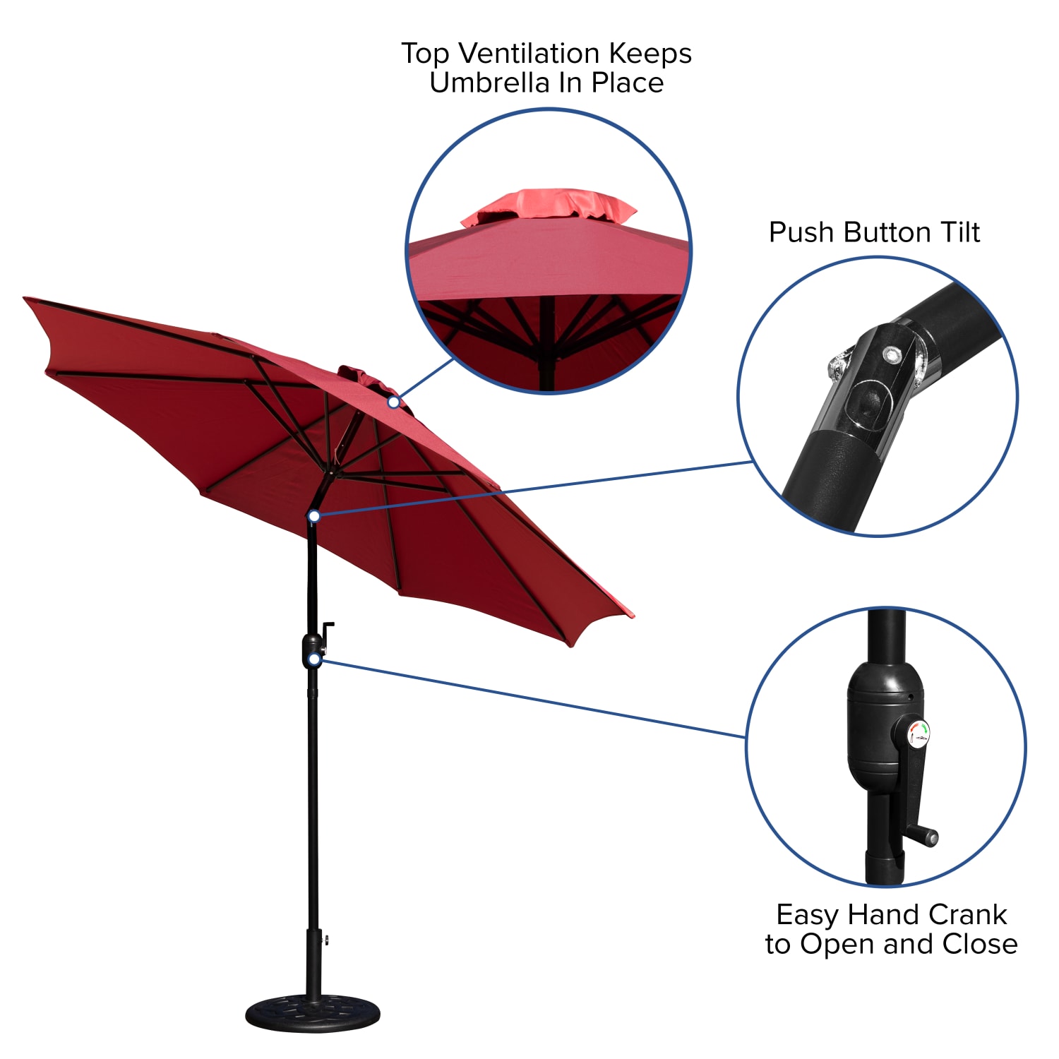 Flash Furniture Kona Round Umbrella With Standing Umbrella Base, 101-1/4inH x 104-1/2inW x 104-1/2in, Red - Image 6