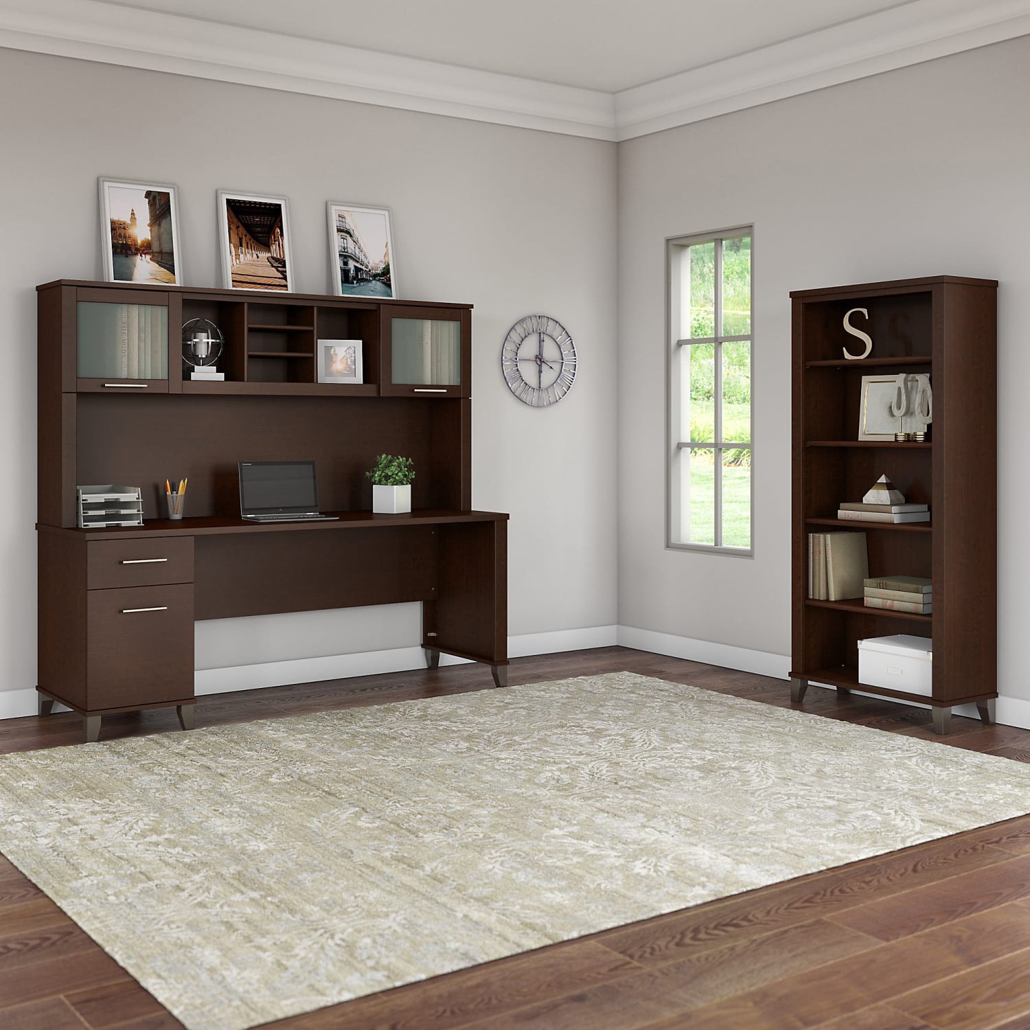 Bush Furniture Somerset 72inW Office Desk With Hutch And 5 Shelf Bookcase, Mocha Cherry, Standard Delivery - Image 3
